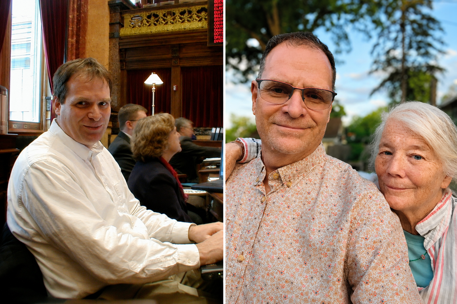 Split image: left shows a man in a white shirt at a desk in a wood-paneled room with red curtains; right features a selfie of a man with glasses posing with an older woman outdoors.