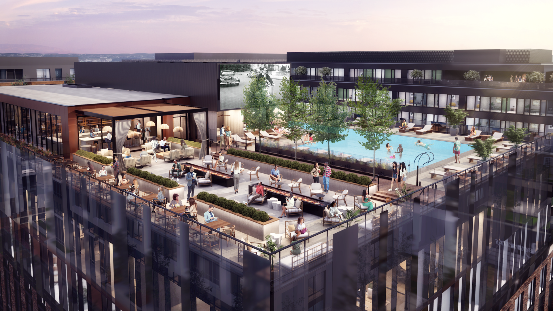 A rendering of a rooftop pool social club.