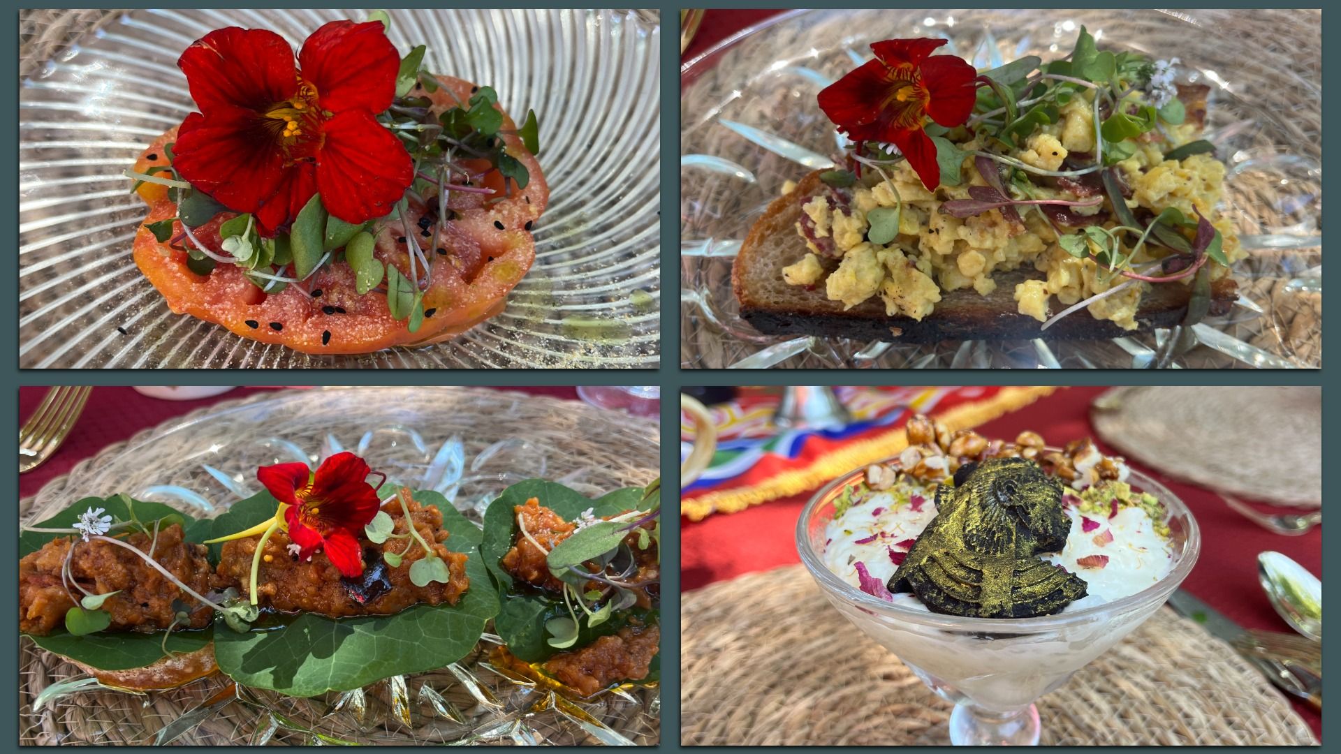 Four-panel food collage showing vivid red nasturtium flowers and microgreens atop diverse dishes: a tomato slice, egg-topped toast, herb crostini, and a dessert cup with ice cream and a crispy garnish.