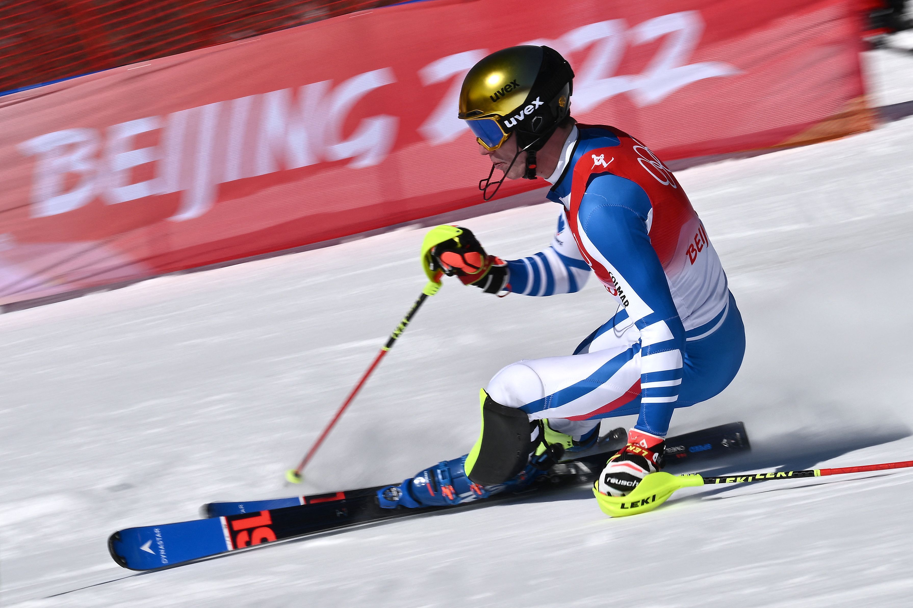 France's Clement Noel competes in the second run of the men's slalom during the Beijing 2022 Winter Olympic Games at the Yanqing National Alpine Skiing Centre in Yanqing on February 16, 2022