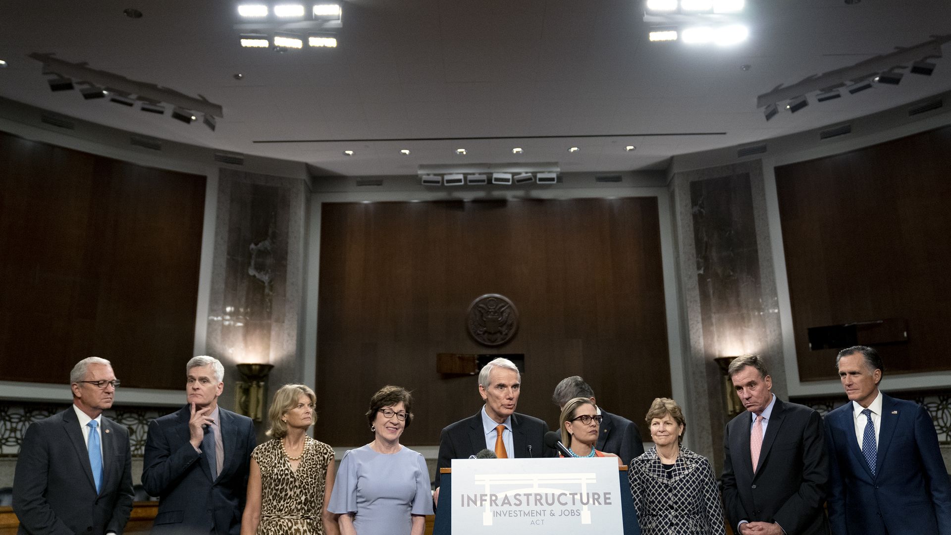 Senator Rob Portman, a Republican from Ohio, center, speaks during a news conference in the Dirksen Senate Office Building in Washington, D.C., U.S., on Wednesday, July 28, 2021.