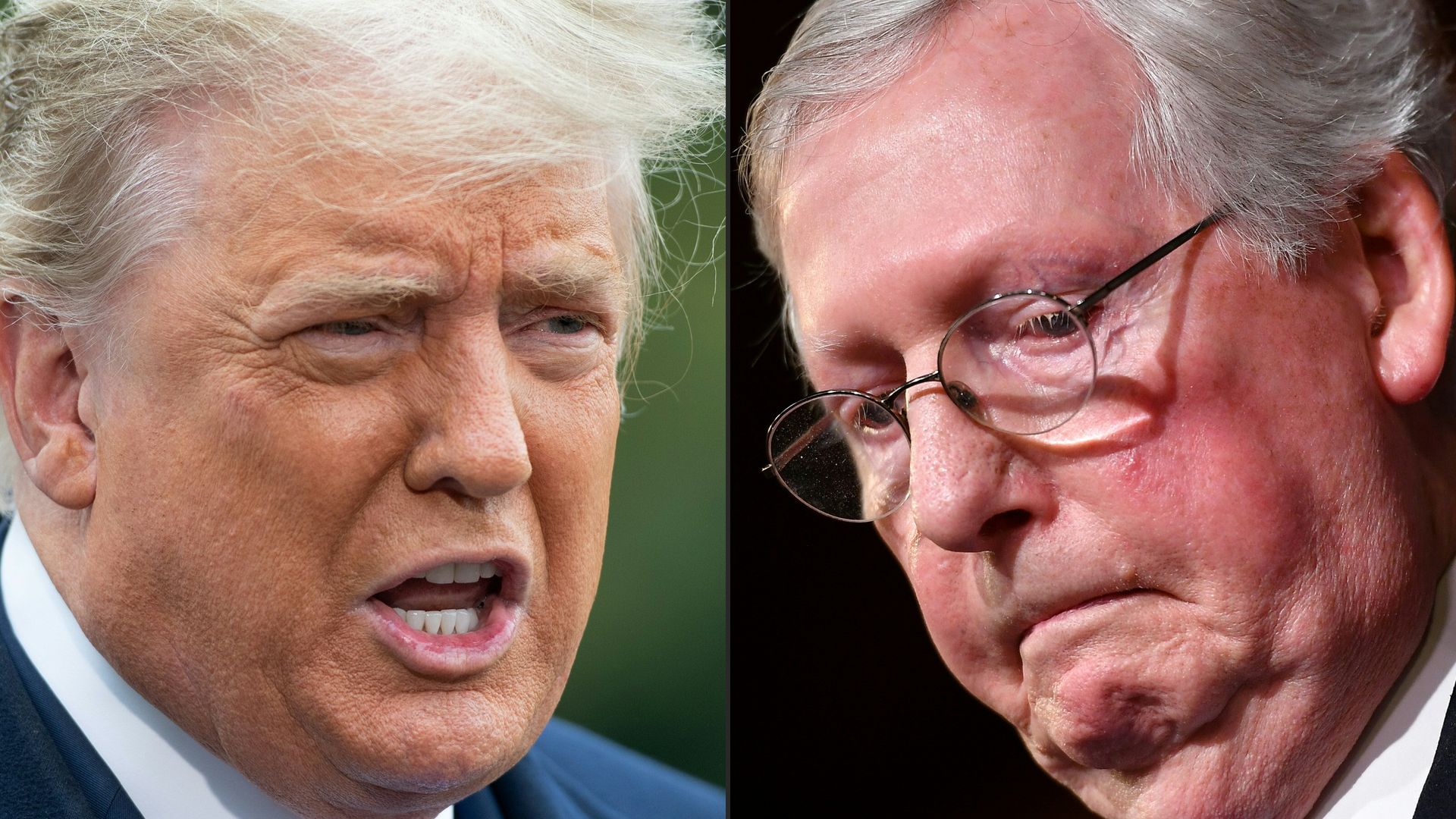 This combination of pictures created on February 16, 2021 shows US President Donald Trump in Washington, DC, October 27, 2020 and US Senate Majority Leader Mitch McConnell (R-KY)on Capitol Hill in Washington, DC on February 5, 2020.
