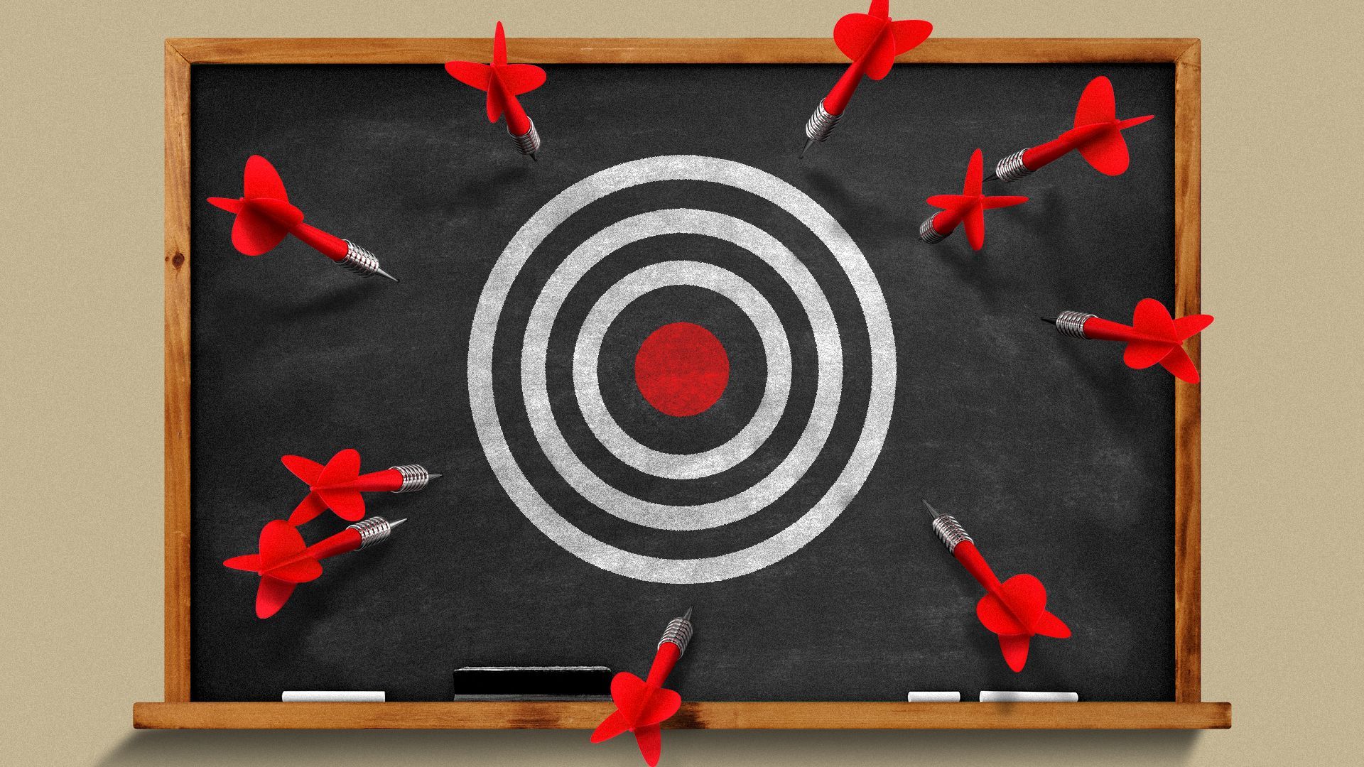 Illustration of darts missing a target on a chalkboard.