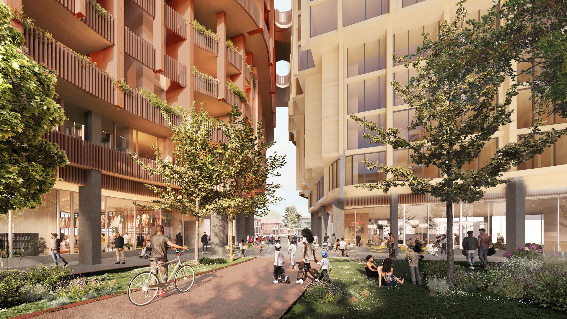 A rendering showing two buildings, with people walking along a green pathway with trees.