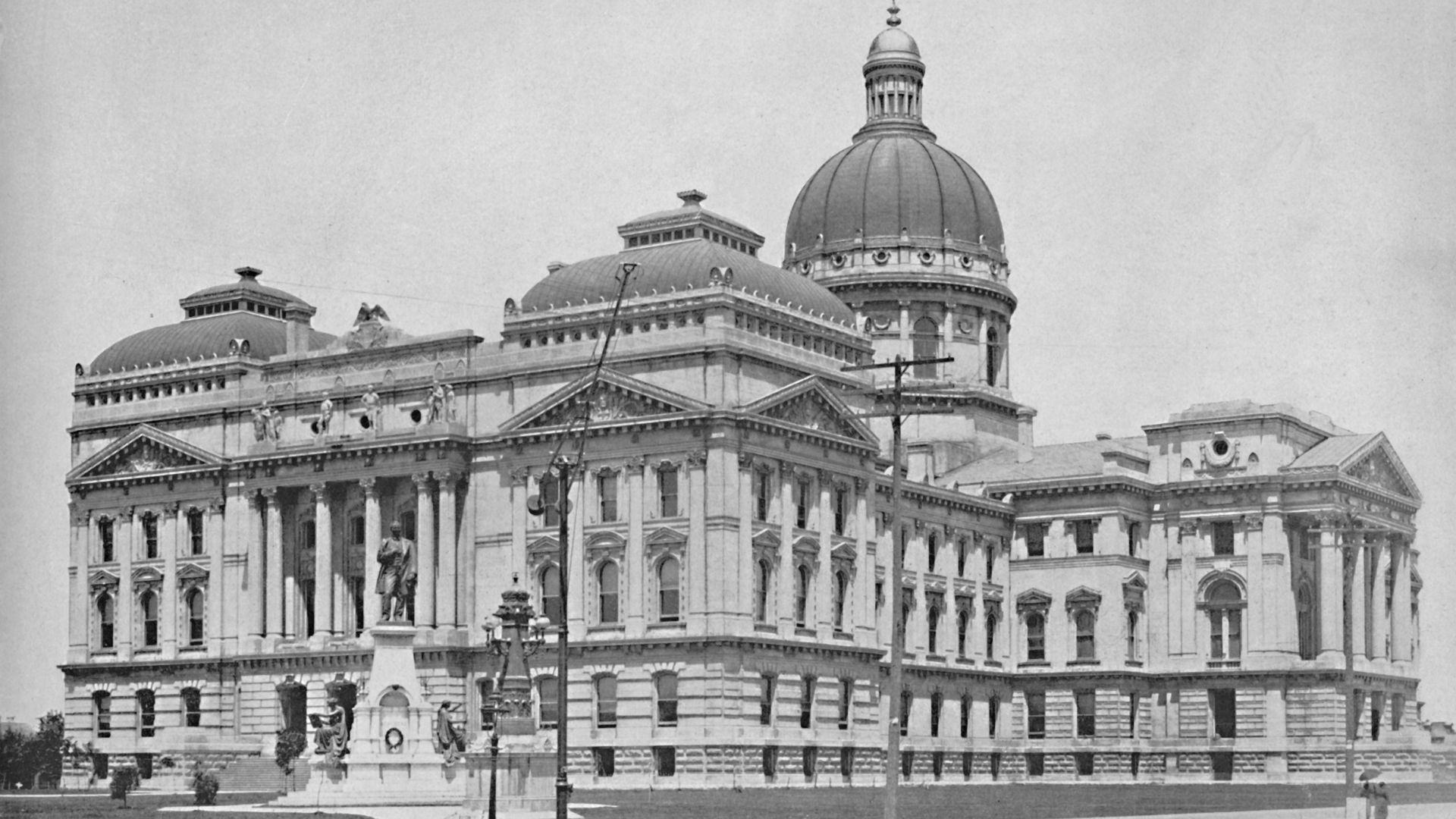 State Capitol, Indianapolis, Indiana', circa 1897. Designed by Edwin May on solid foundations with Neoclassical facade, completed in 1888. From "A Tour Through the New World America", by Prof. Geo. R. Cromwell.