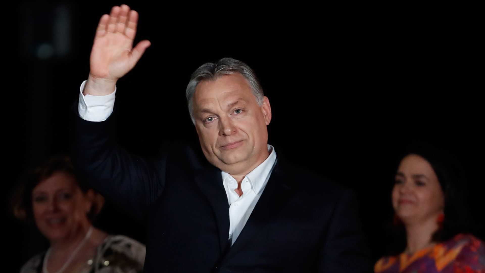 Viktor Orban waving to crowd of supporters
