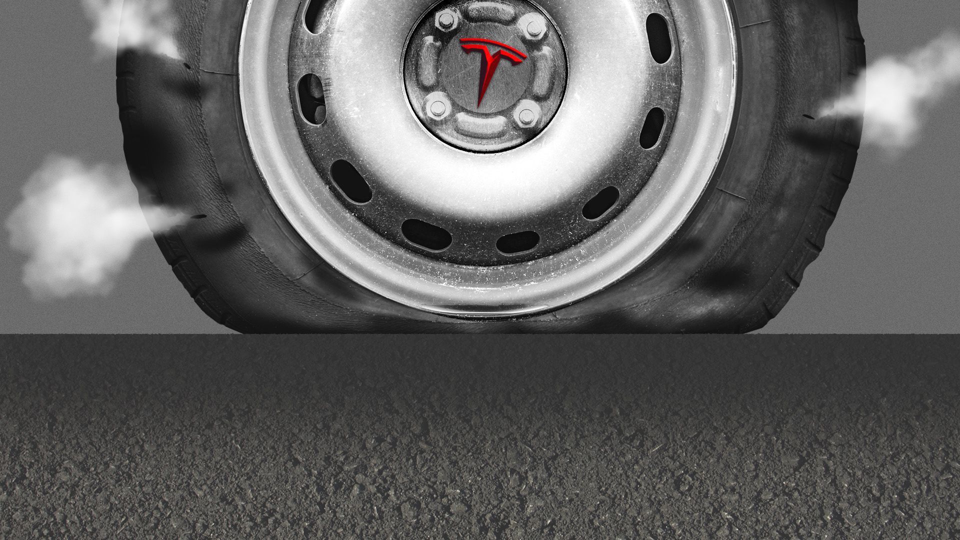 Illustration of a flat tire leaking air with the Tesla logo on it