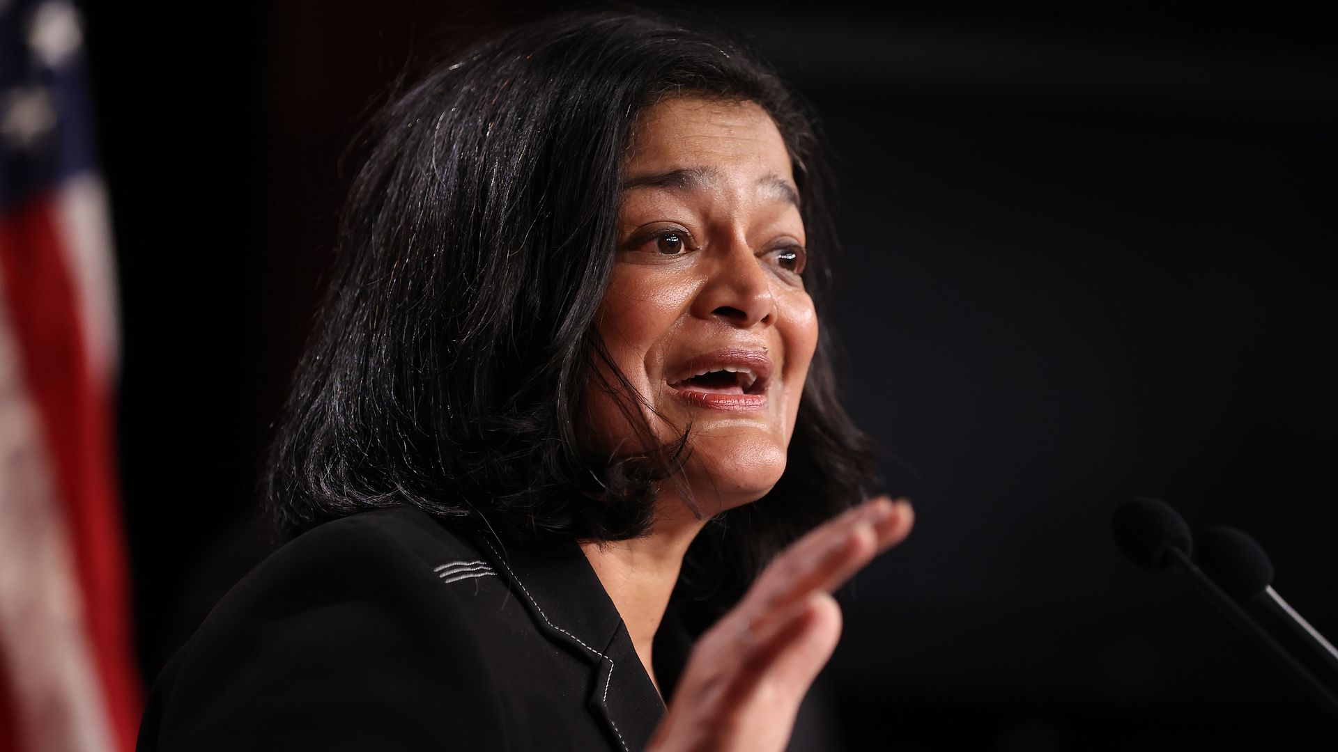 Rep. Primiya Jayapal is seen speaking during a news conference.