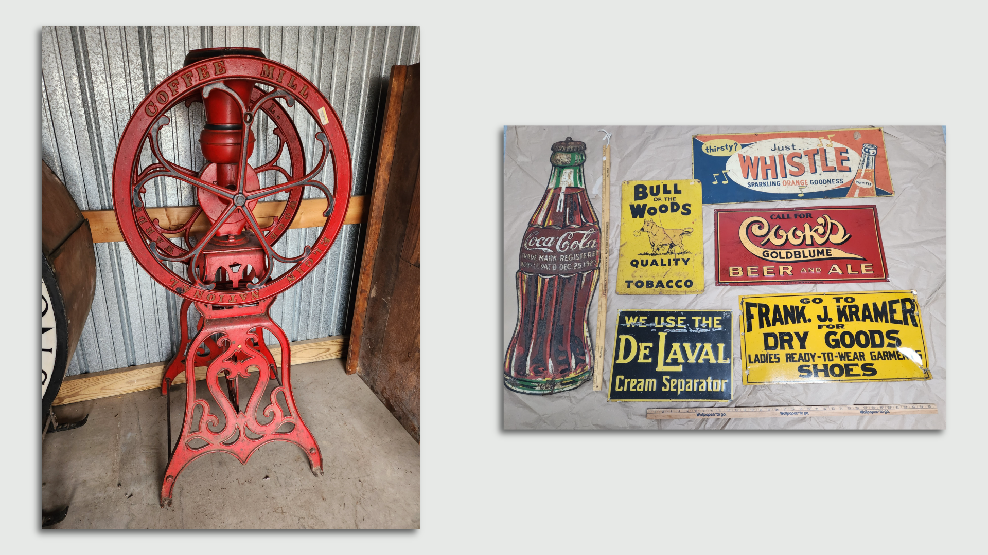 Photos of an antique coffee grinder and a collection of vintage signs from the old Spaghetti Warehouse restaurant