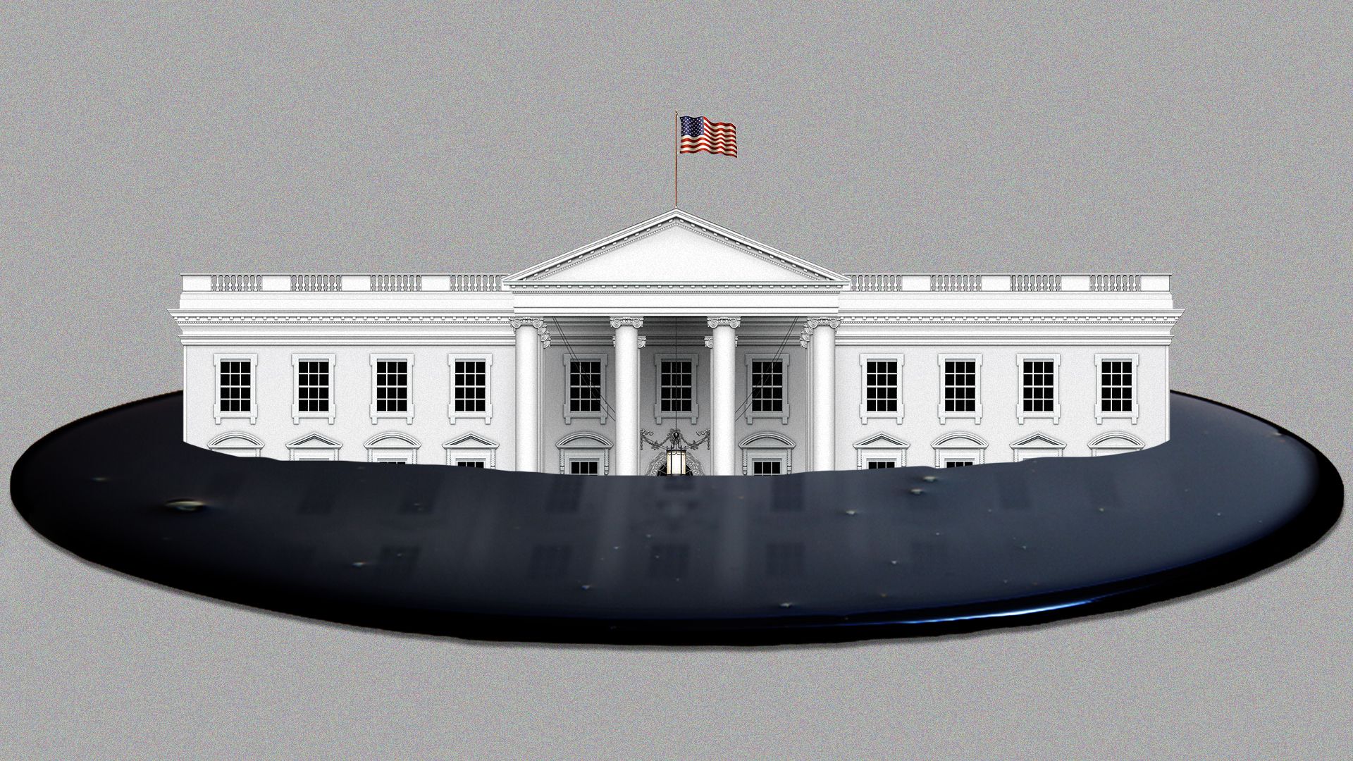 Illustration of the White House sinking into a puddle of oil.