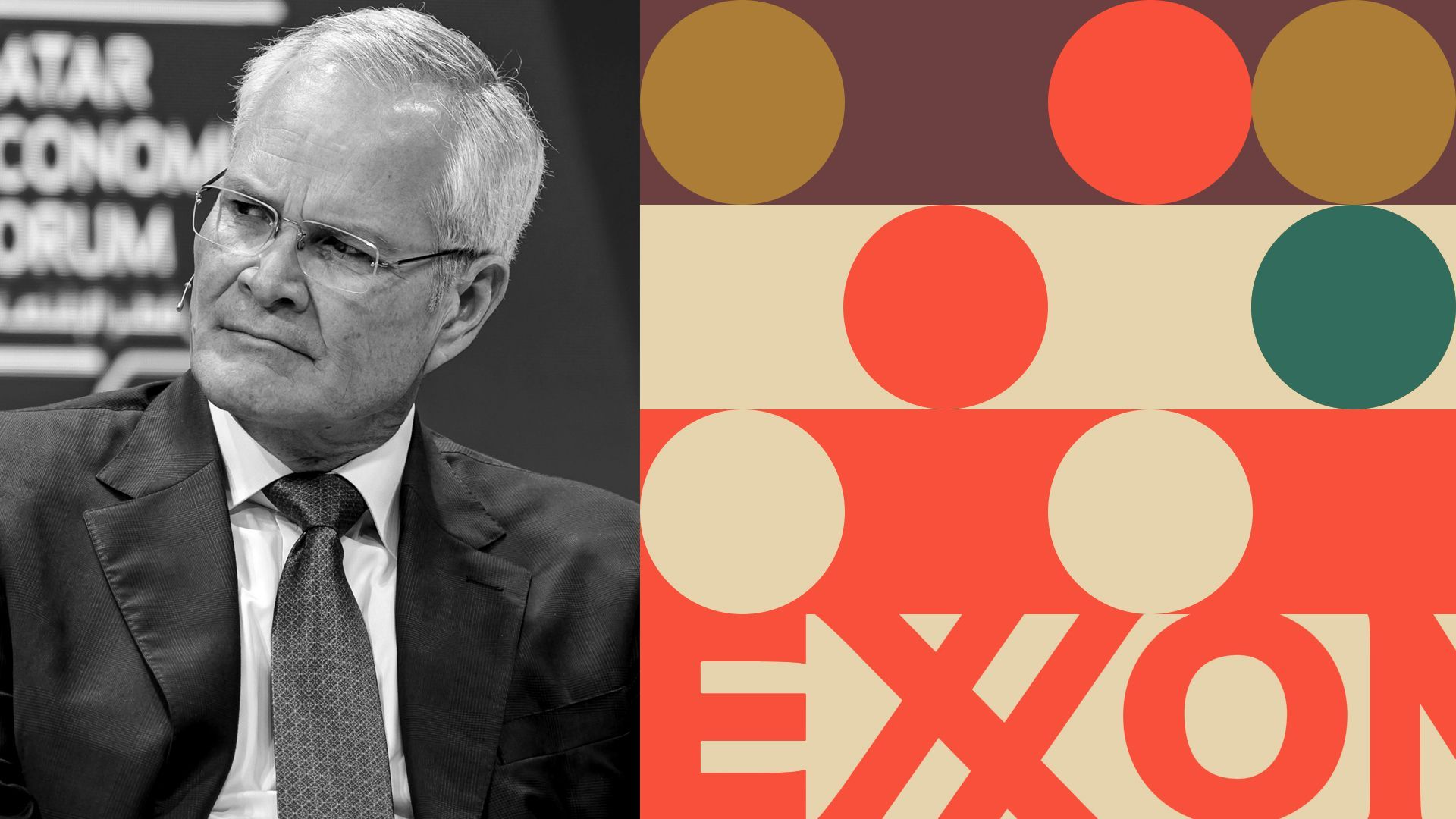 Photo illustration of Darren Woods surrounded by the Exxon logo and abstract shapes. 