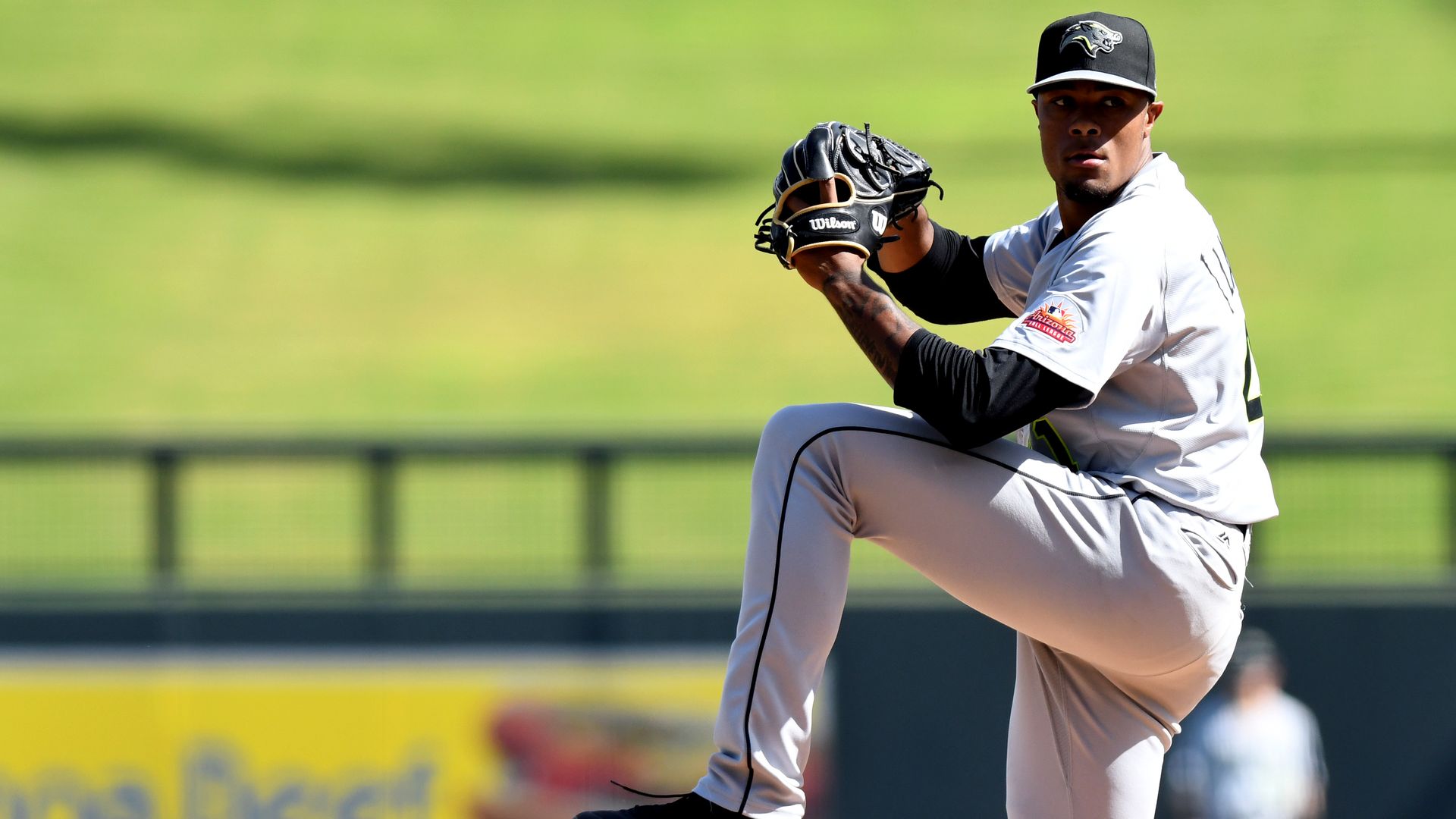 A baseball pitcher throws the ball.
