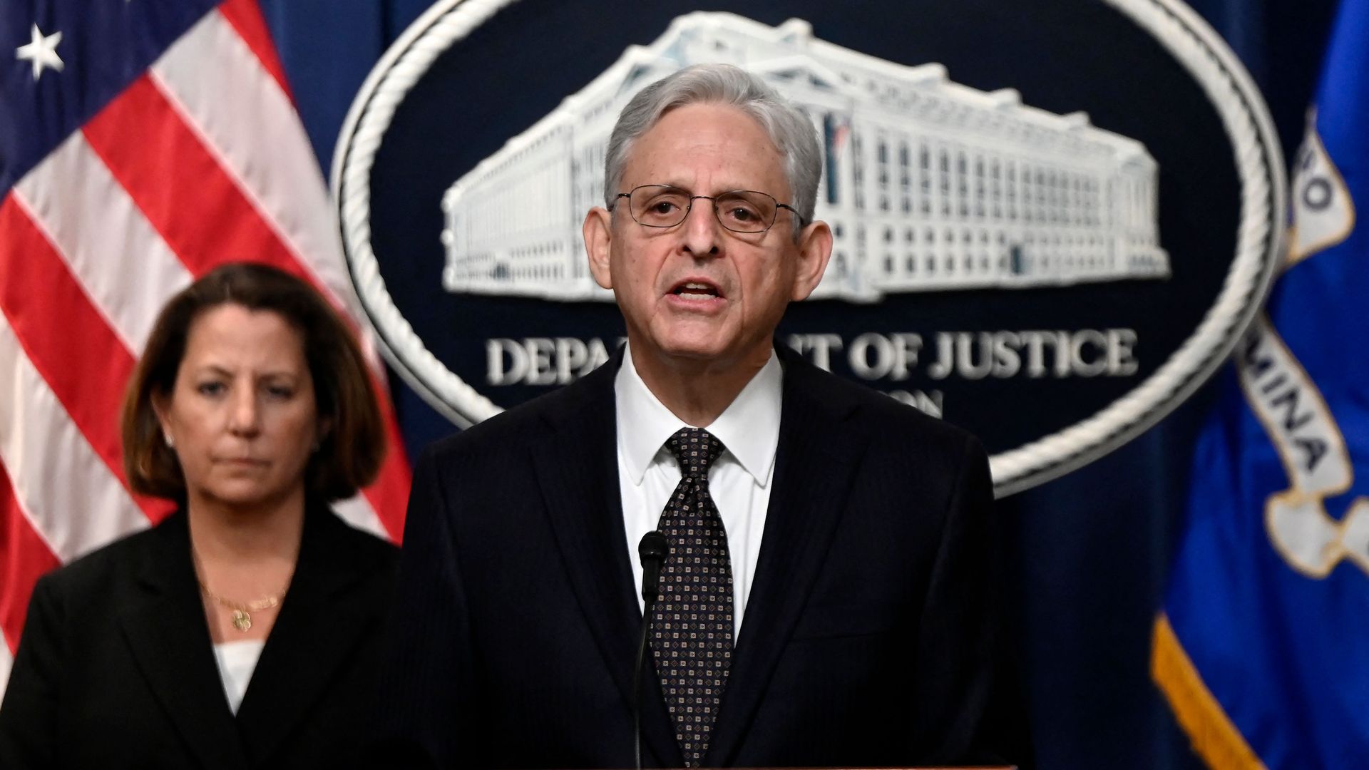 Attorney General Merrick Garland speaking inside the Department of Justice on Jan. 27.