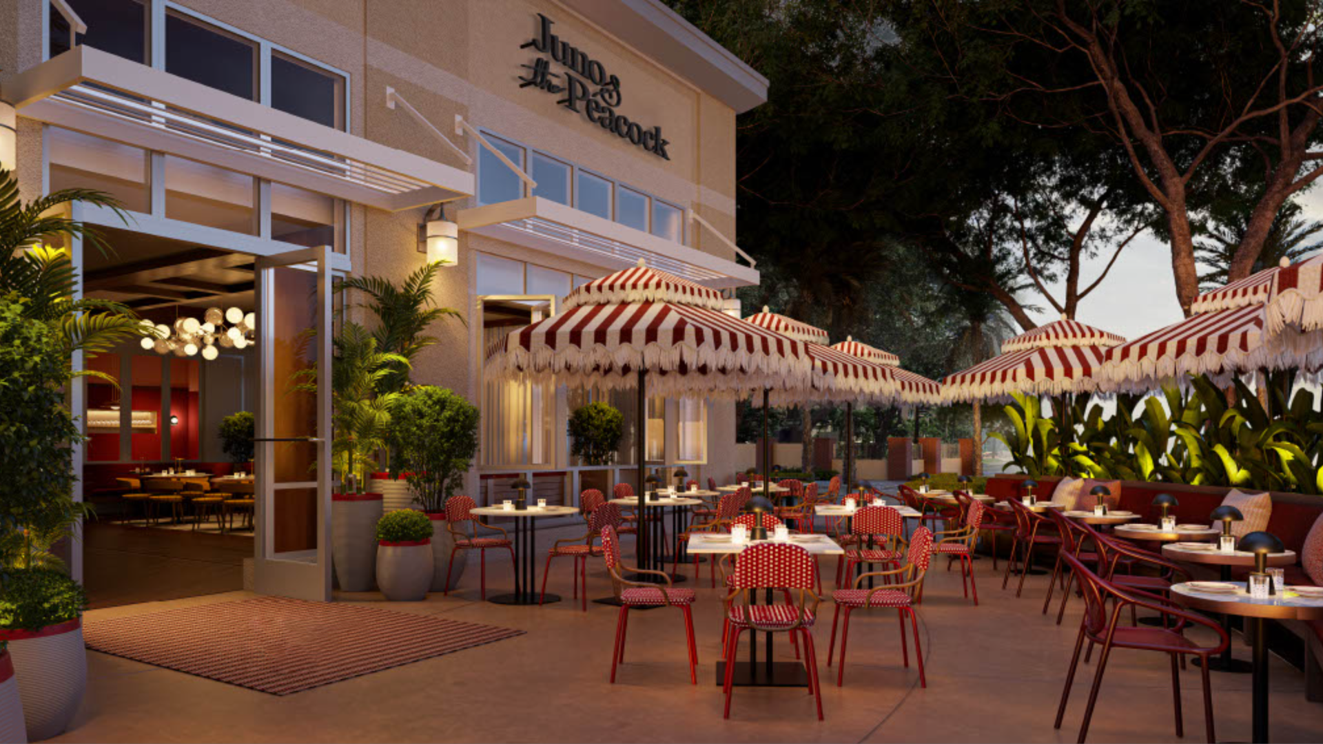 A rendering of a restaurant called "June & the Peacock" with red tables and striped umbrellas outside.