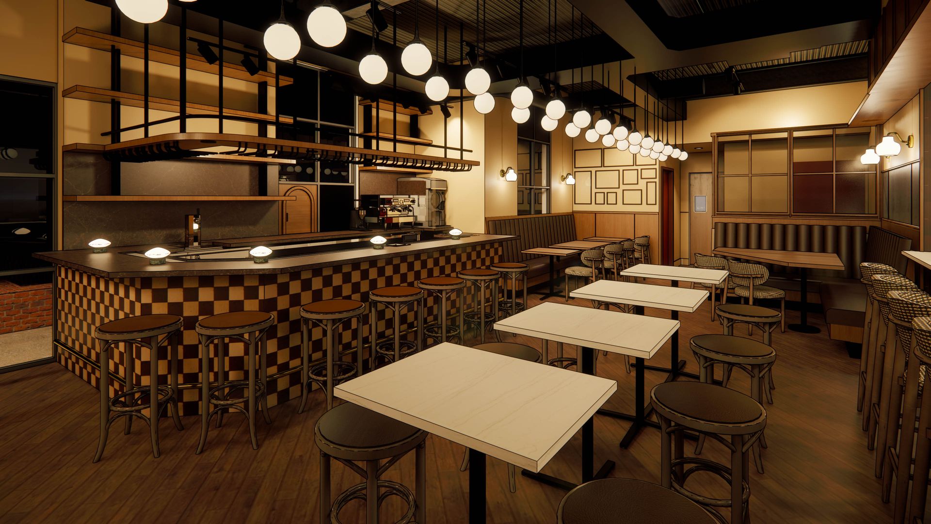 Warm retro cafe interior with a long checkerboard bar and wooden stools, white tabletops, hanging globe lights, booths along the back wall, and numerous tables across the wood floor.