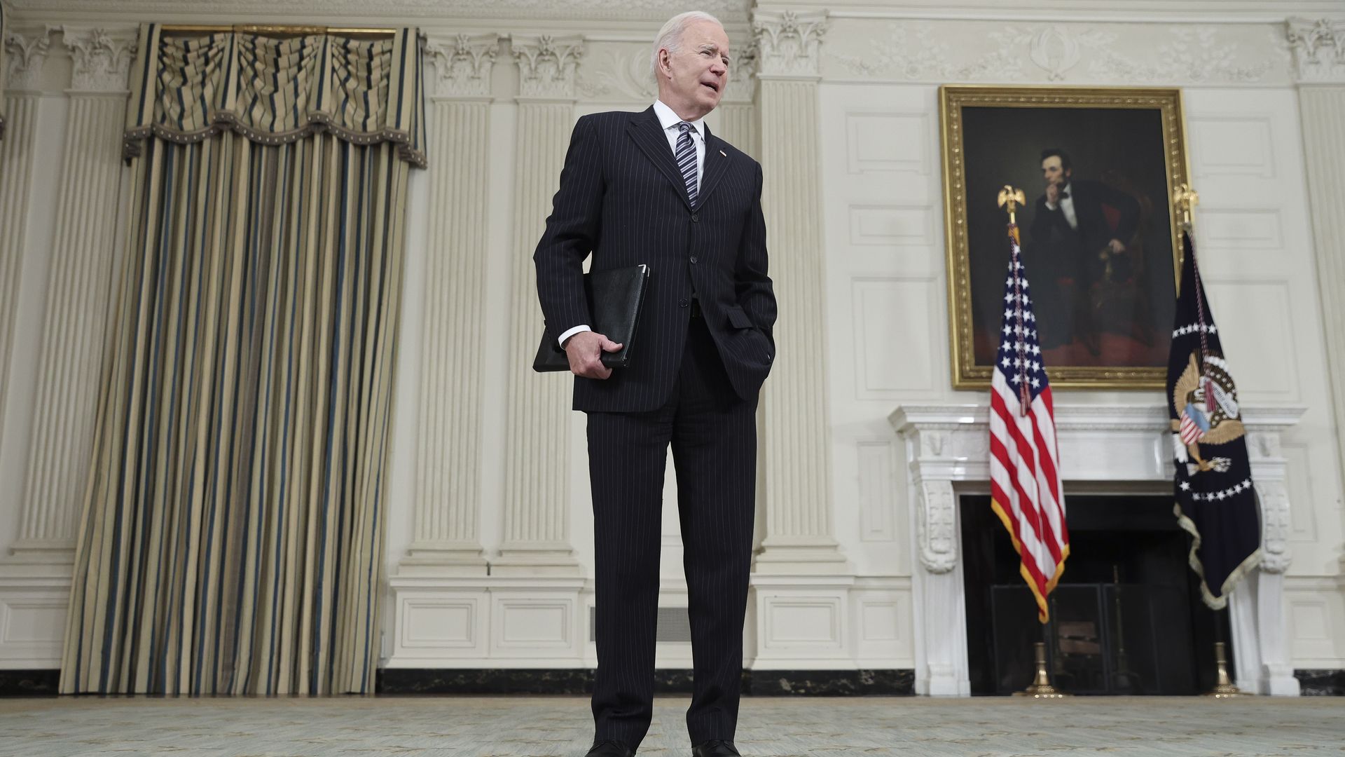 President Biden is seen speaking with reporters after announcing a change in the vaccine-eligibility date earlier this month.