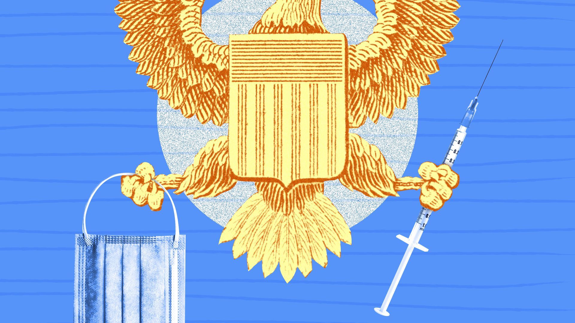 Illustrated collage of the presidential eagle holding a syringe and a surgical mask.