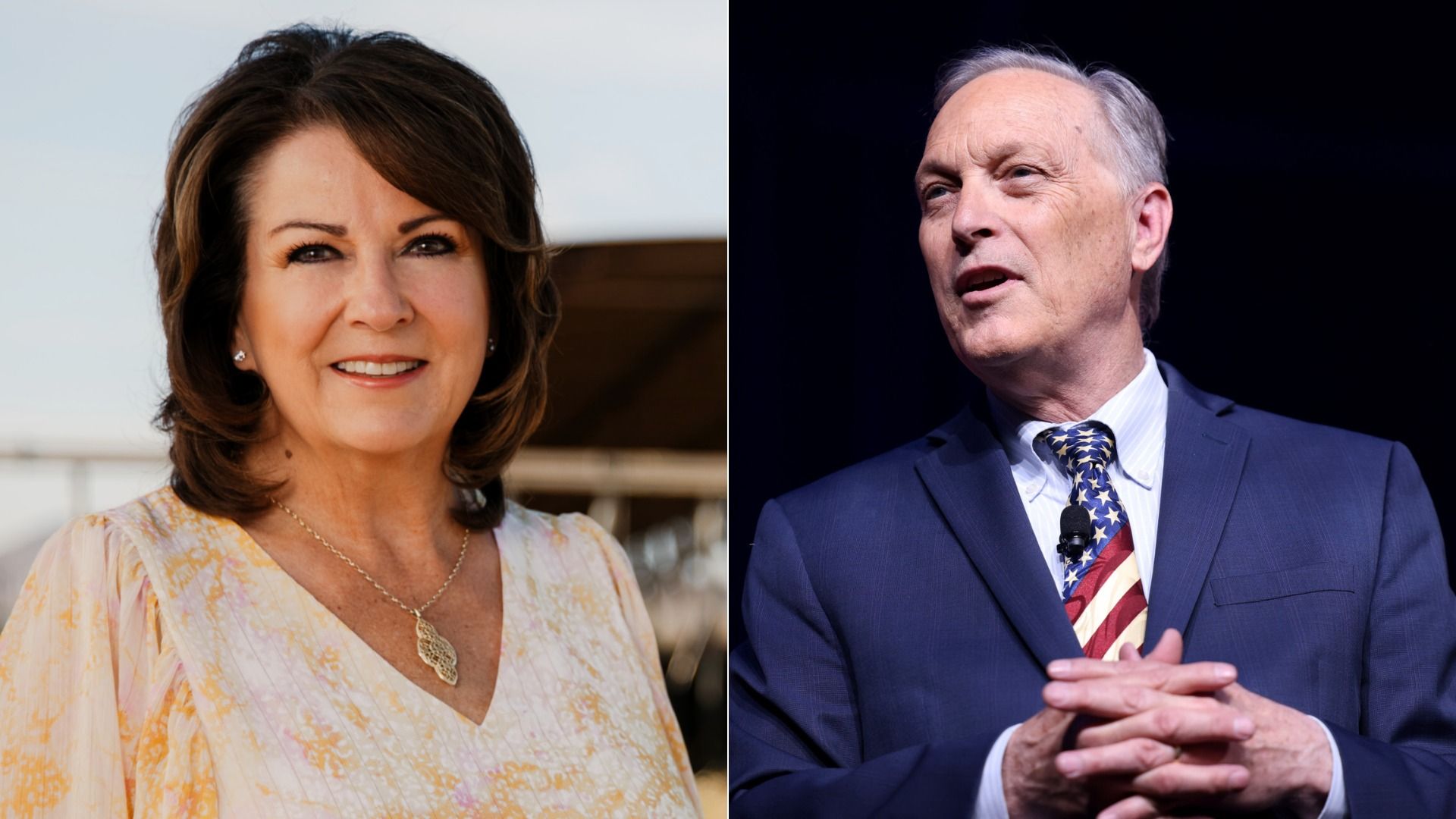 Sine Kerr stands posing for a phto in a cream colored blouse. Next to hers is a picture of Andy Biggs in a blue suit and tie with the colors of the U.S. flag. He is clasping his hands together