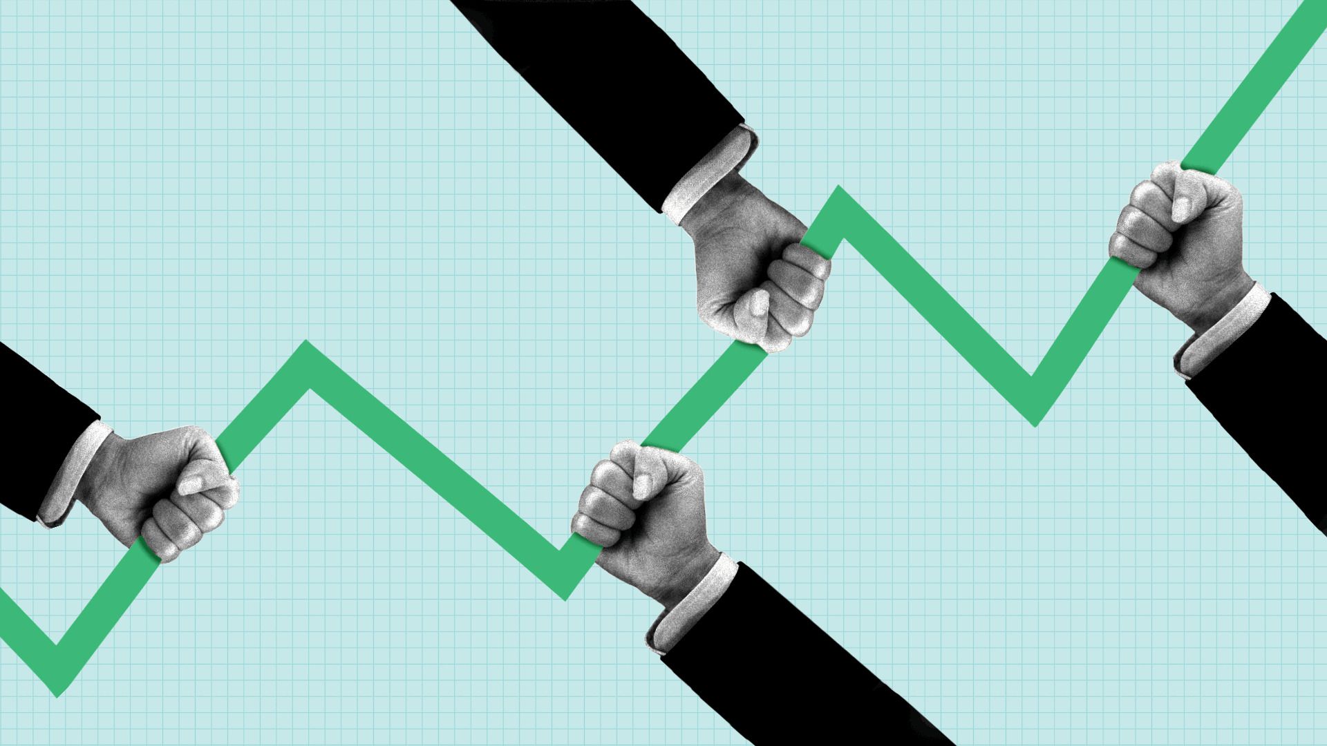 Collage of grayscale hands in business suits gripping a bright green zigzag line across a light blue grid background, symbolizing teamwork and rising market growth.