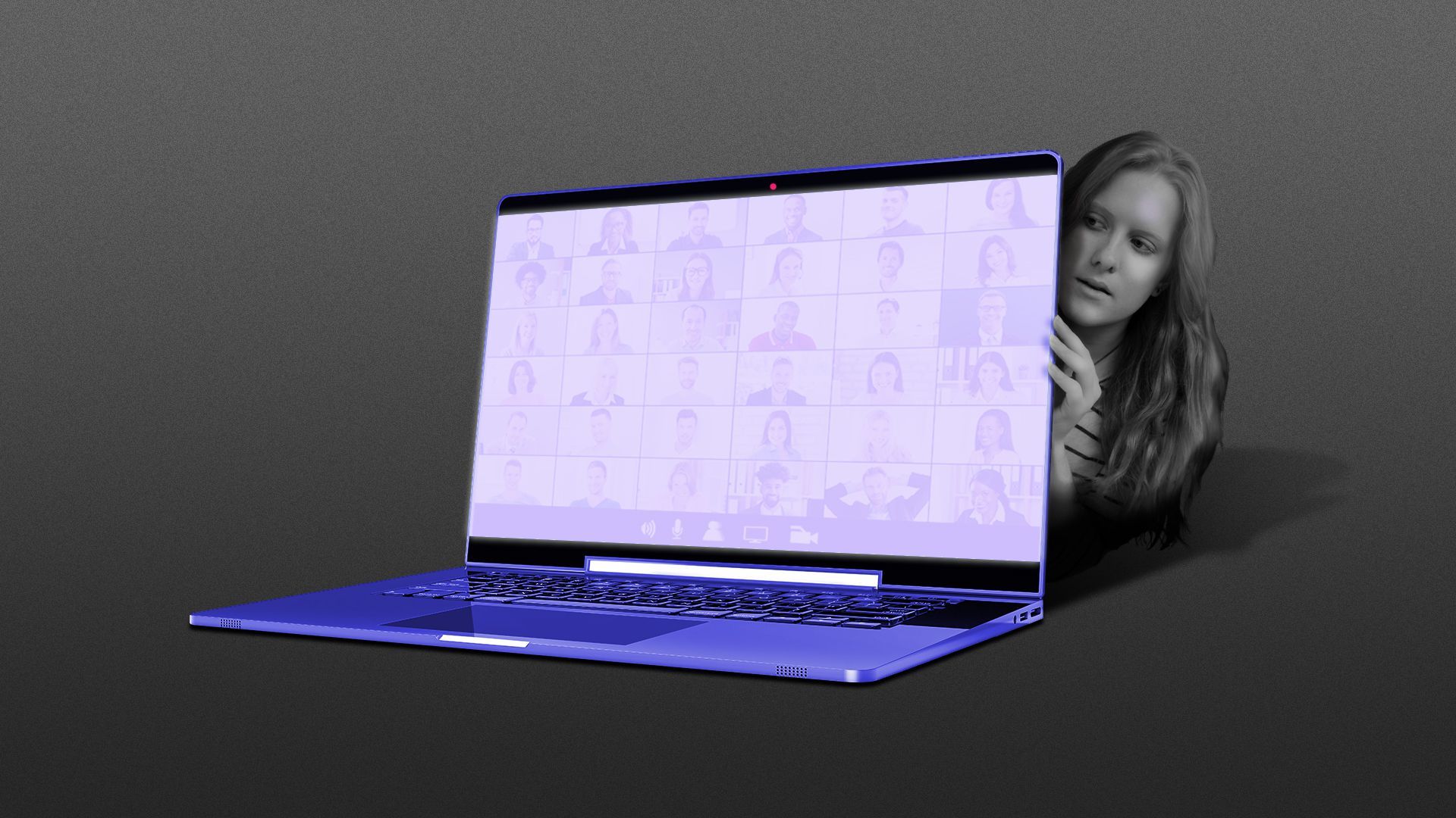 Illustration of a young woman looking hesitantly around a laptop with a zoom meeting on the screen