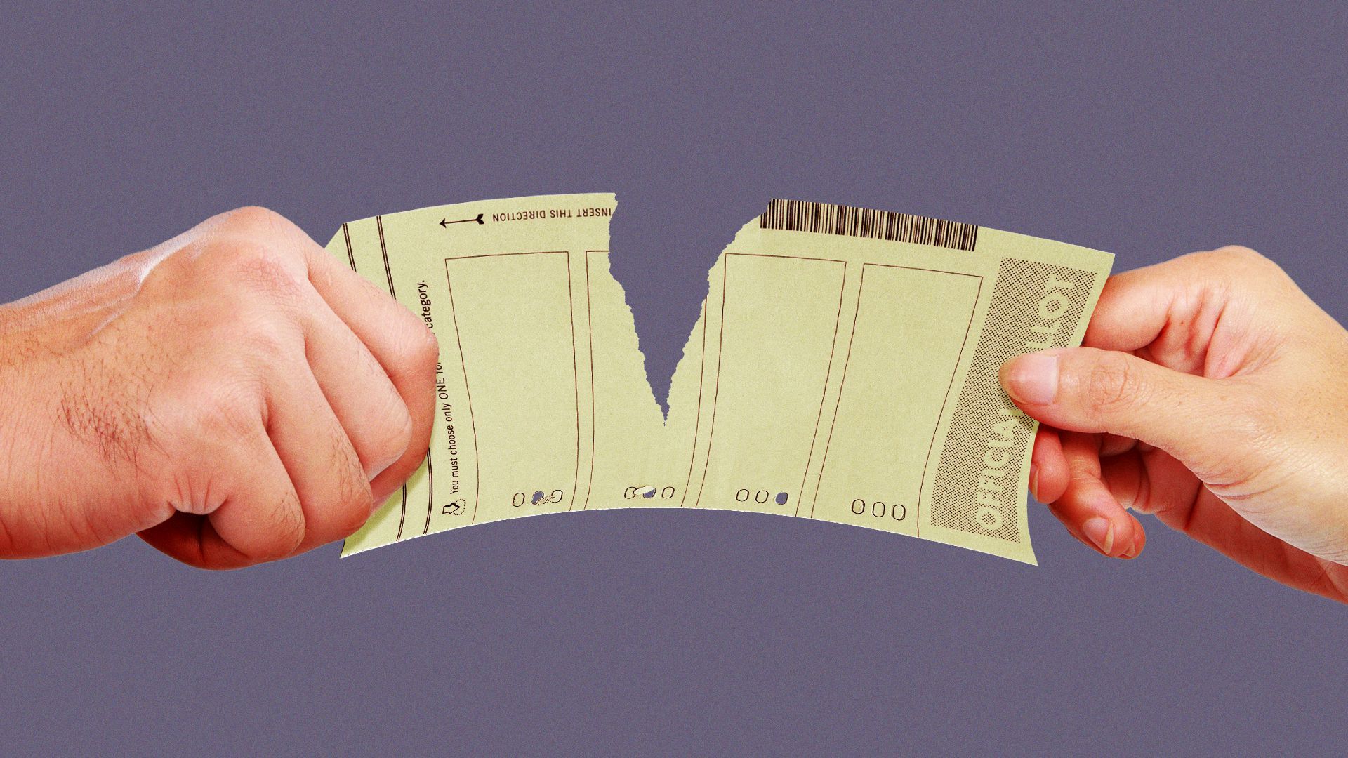 Illustration of two hands fighting over a torn ballot.