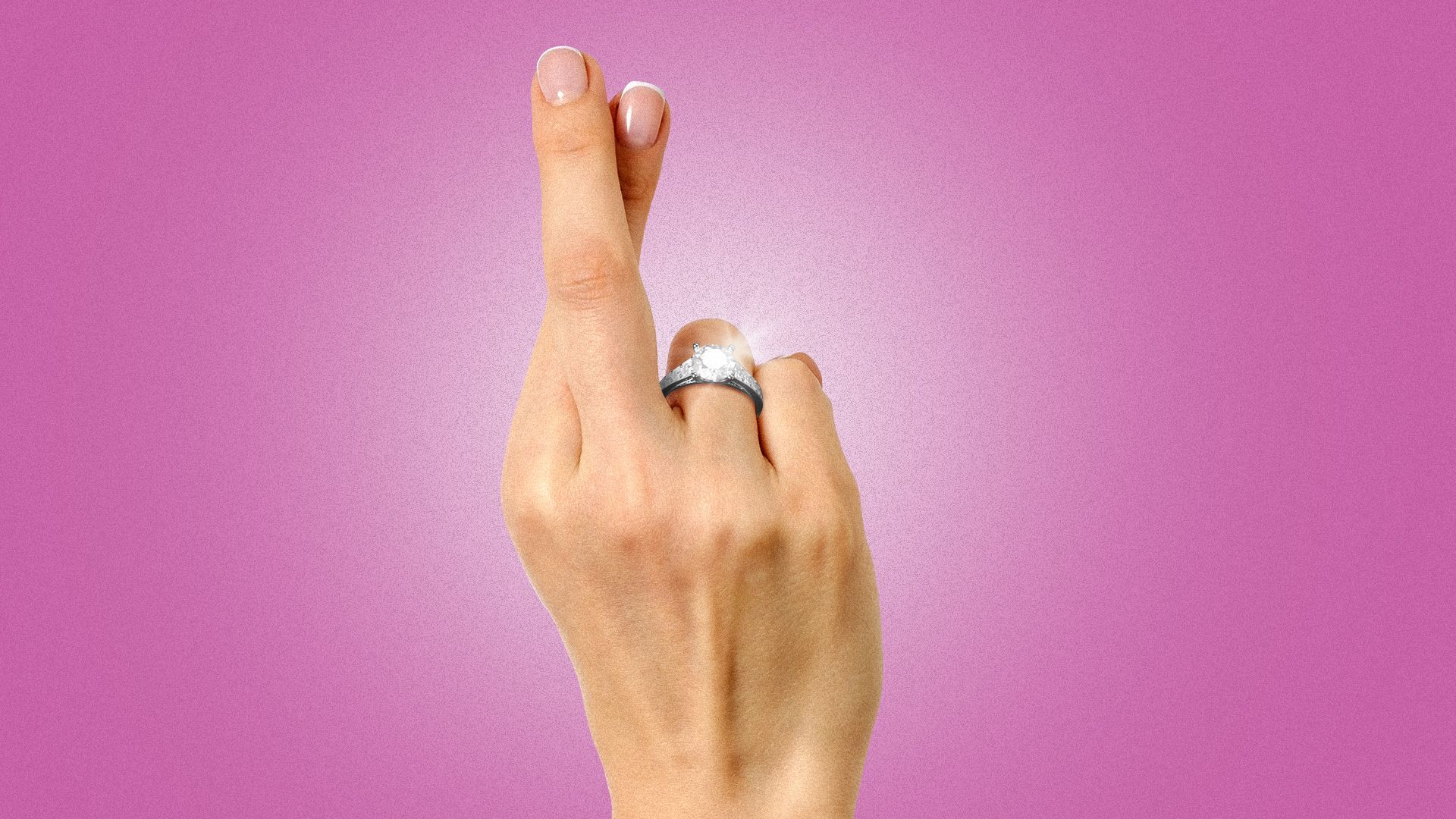Illustration of a woman crossing her fingers and wearing a diamond ring.