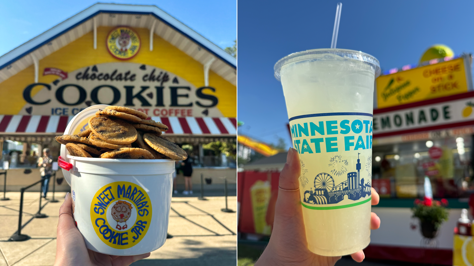 Two images of a hand holding up a white bucket of Sweet Martha's chocolate chip cookies in front of the group's food stand at the State Fair. In the second photo, a hand holds up a clear plastic cup of lemonade with the Minnesota State Fair logo.