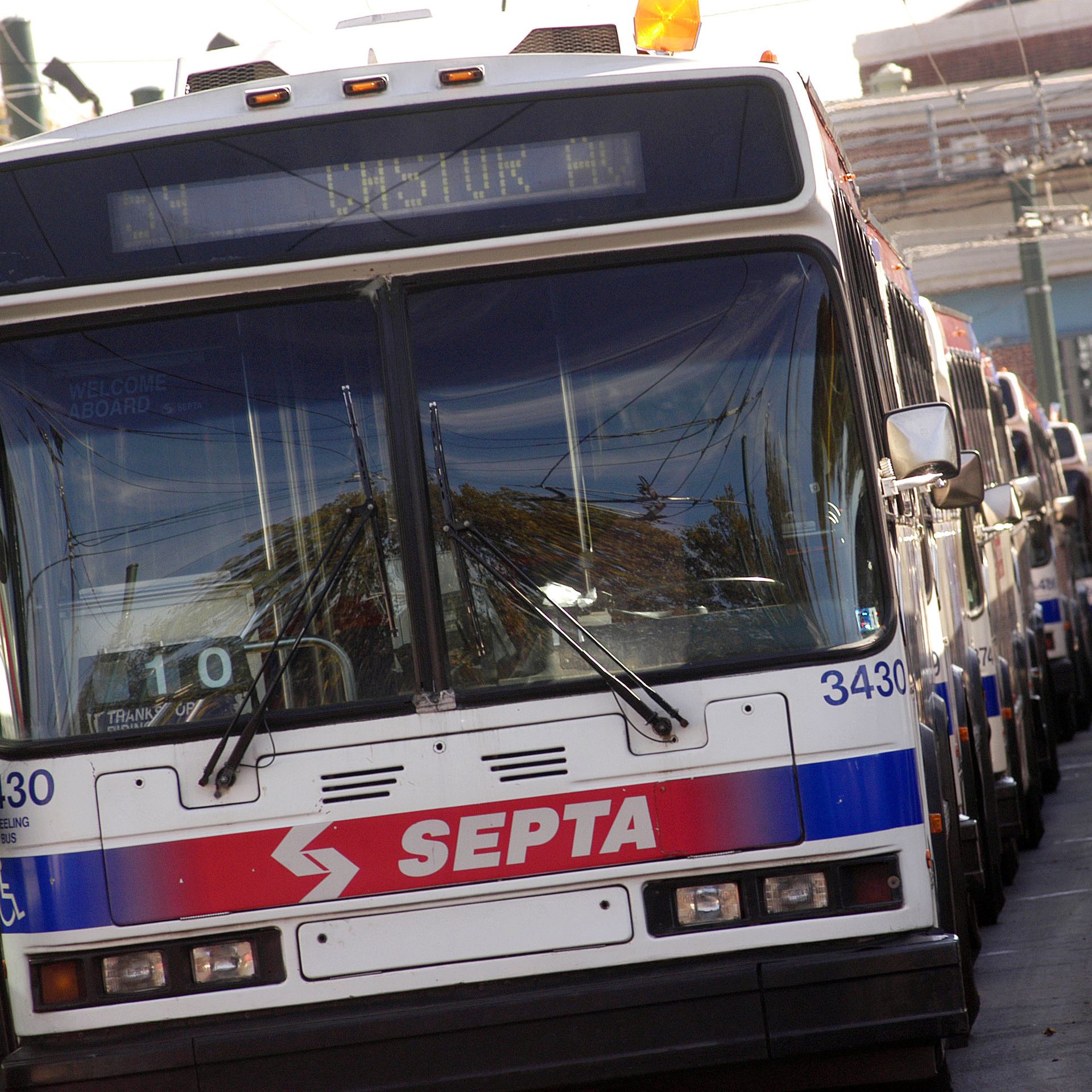 SEPTA buses sit idle at the Frankford Transportation Center in Oct. 31, 2005.  