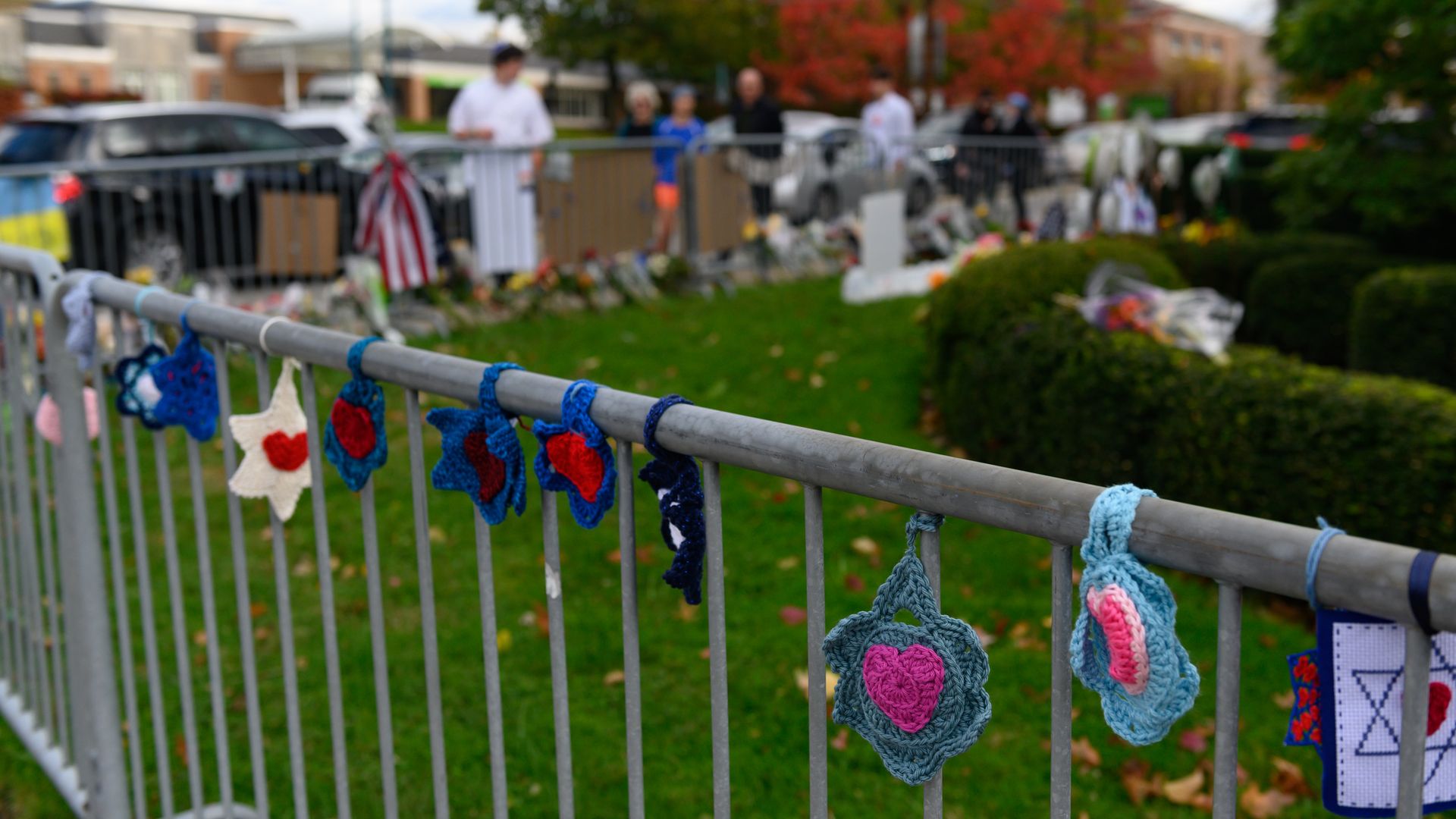 Woven Stars of David along the fence at the Tree of Life Synagogue on the 1st Anniversary on October 27, 2019 in Pittsburgh, Penn.