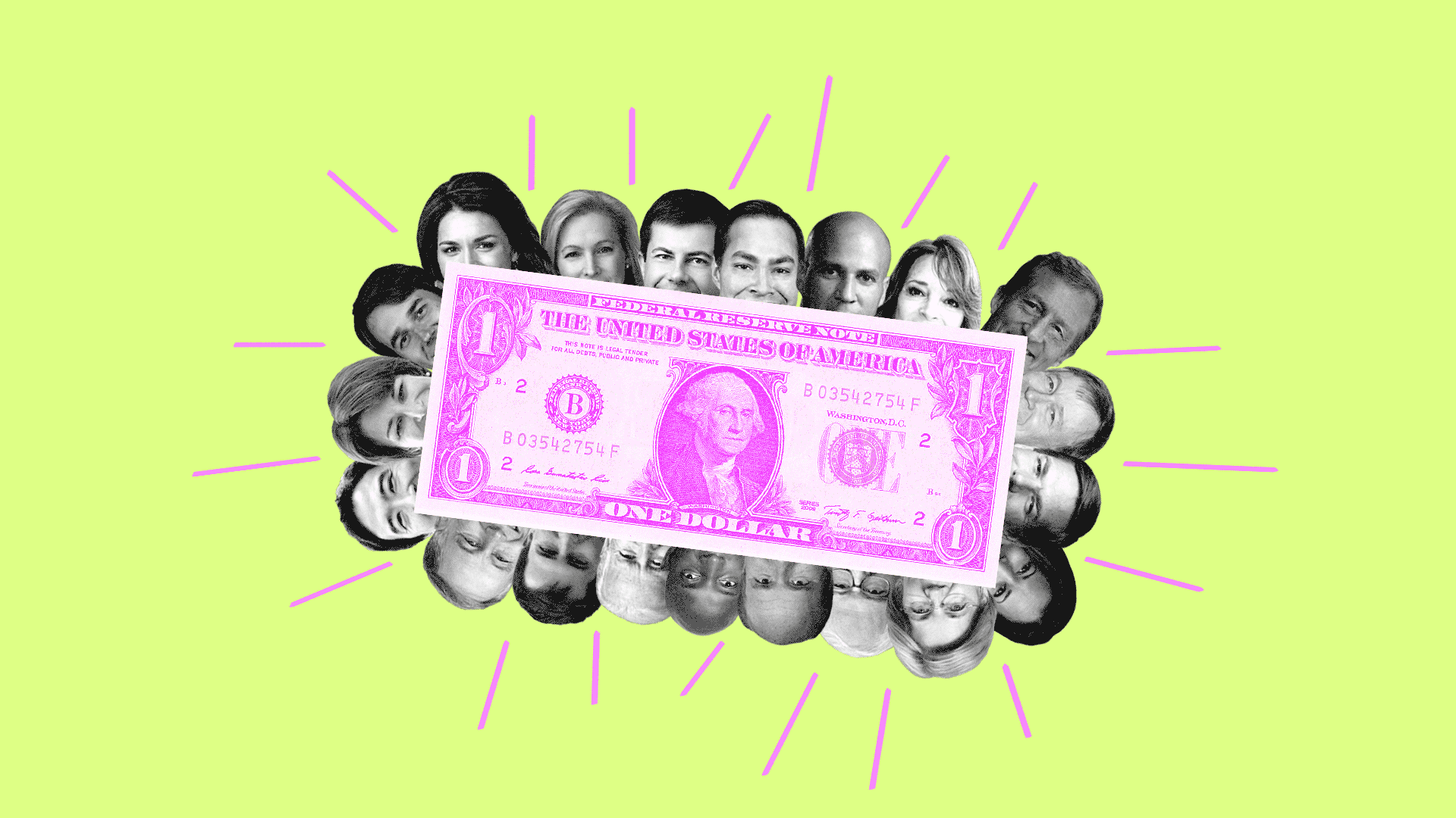 Illustration of all the 2020 democratic candidates around a dollar bill