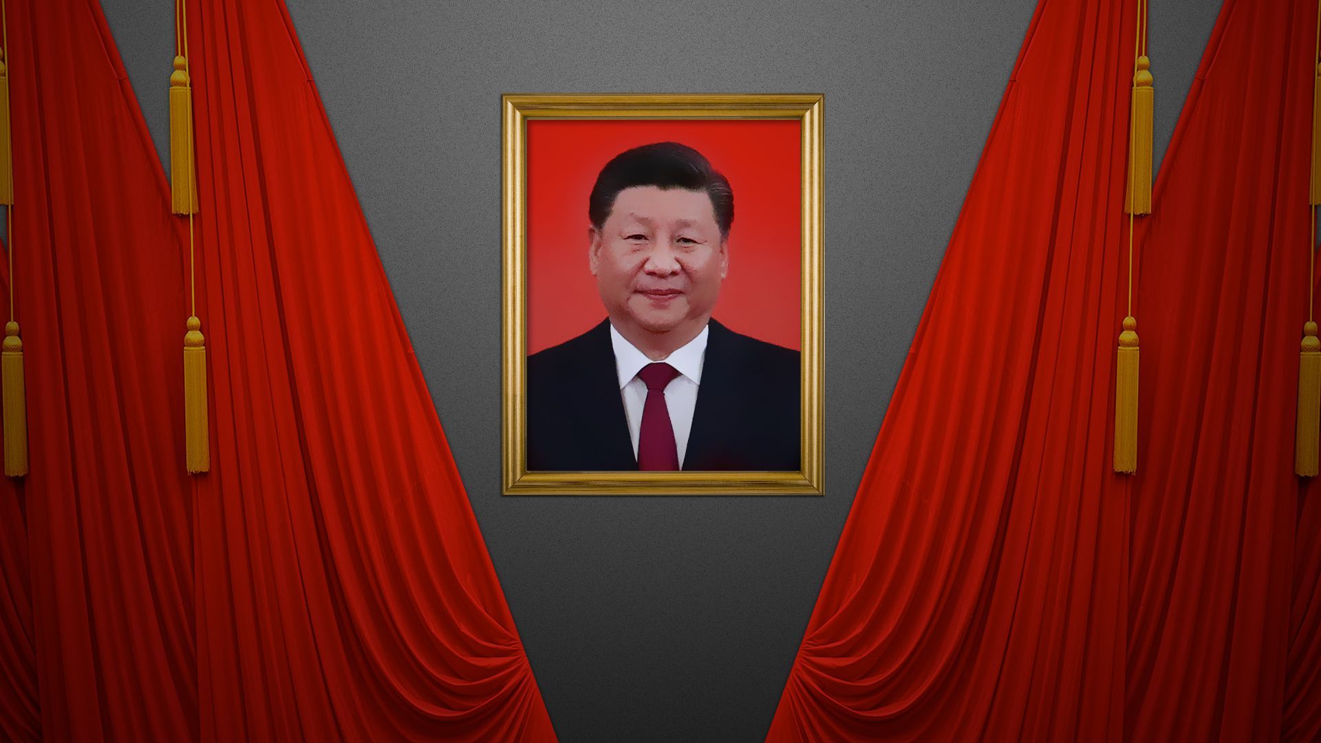 Photo illustration of a framed photo of Xi Jinping hanging in the National People's Congress. 
