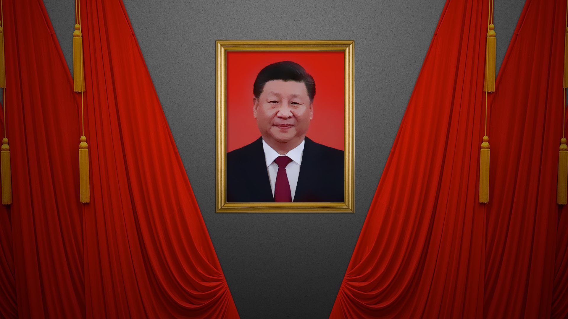 Photo illustration of a framed photo of Xi Jinping hanging in the National People's Congress.