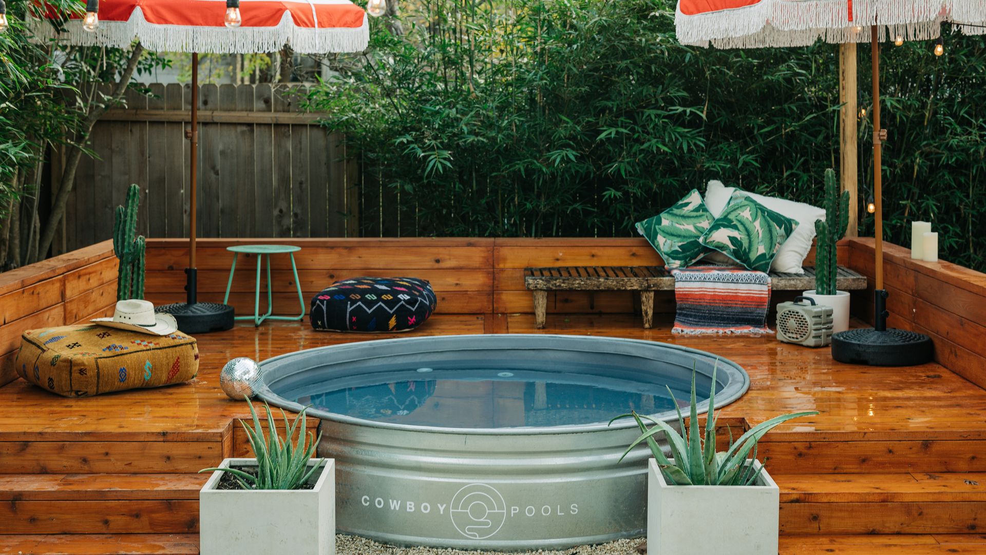 steel trough pool surrounded by a deck