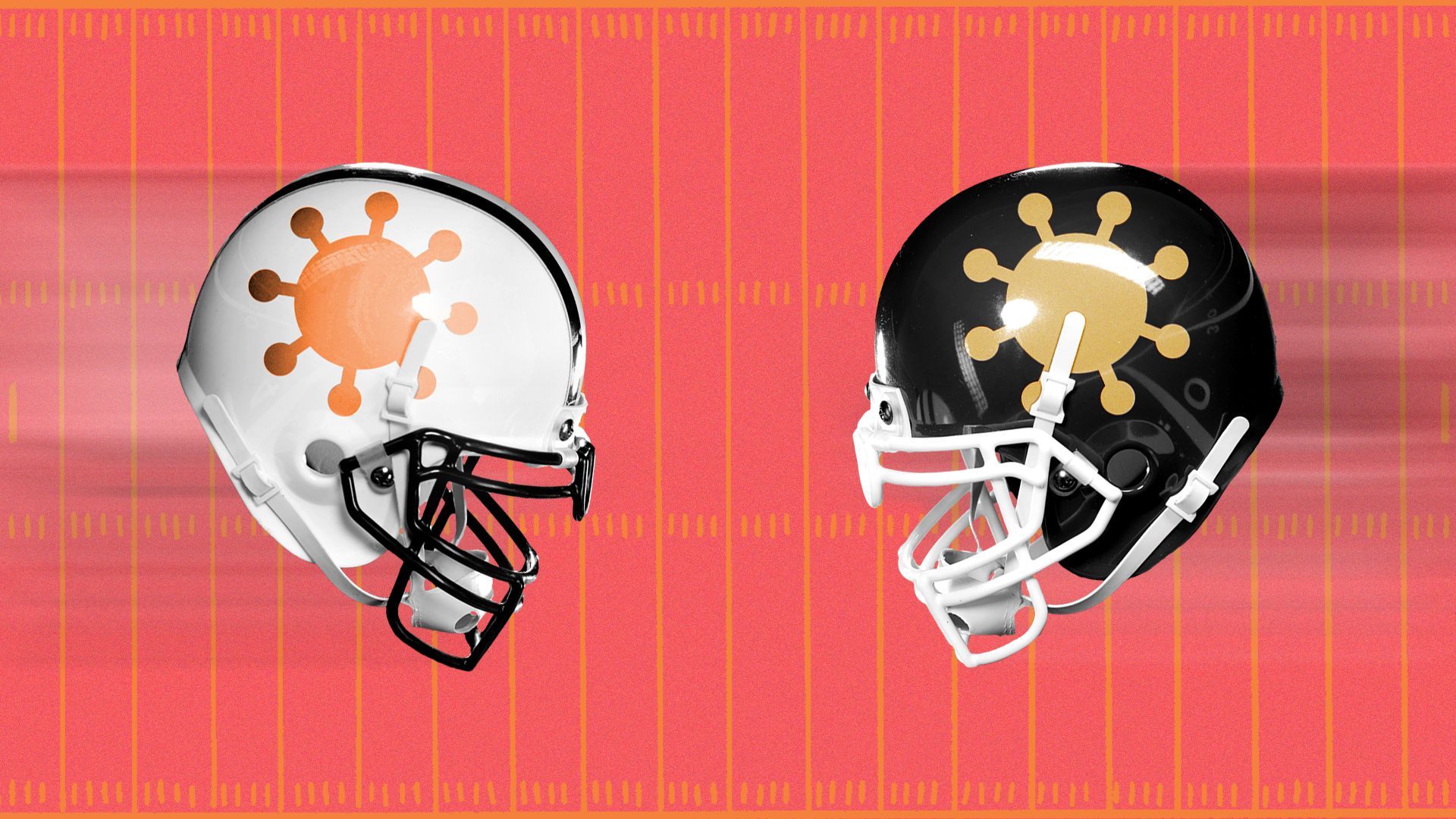 Illustration of two football helmets with coronavirus logos on them flying at each other