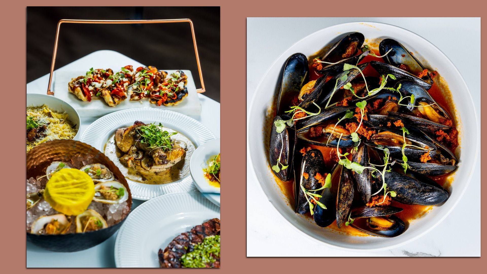 Left image shows a variety of dishes on white plates and bowls. Right image shows mussels in red sauce with herbs.