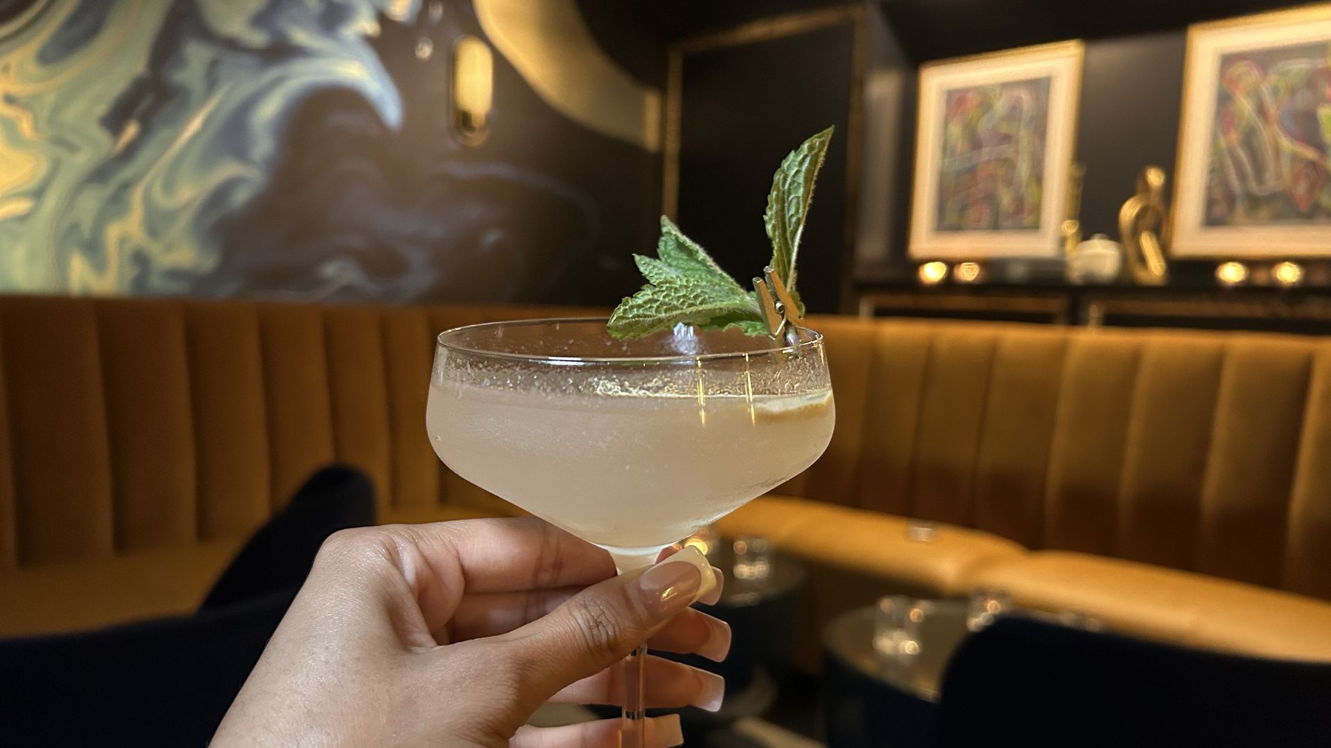 hand holding cocktail glass