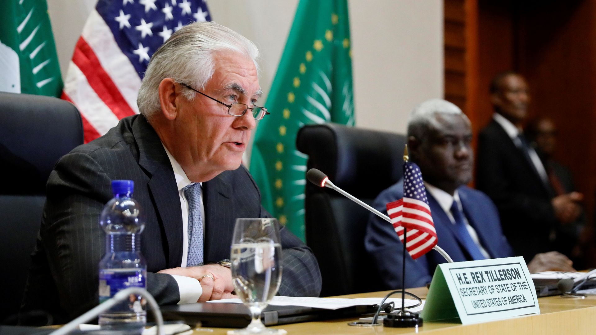 U.S. Secretary of State Rex Tillerson at a news conference with African Union Commission Chairman Moussa Faki of Chad on March 8, 2018, at the AU headquarters in Addis Ababa. 