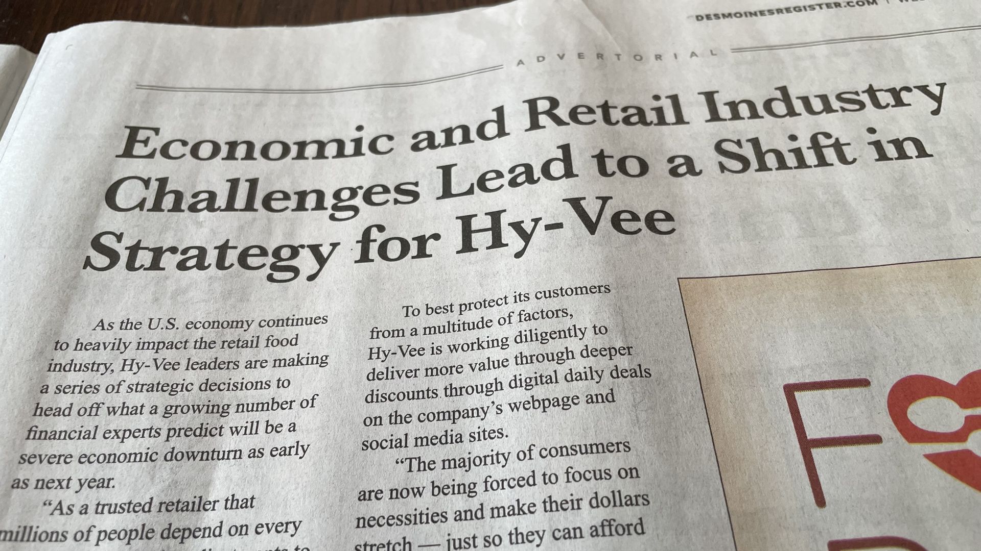 A photo of an ad Hy-Vee ran in the Des Moines Register on Wednesday, April 27.