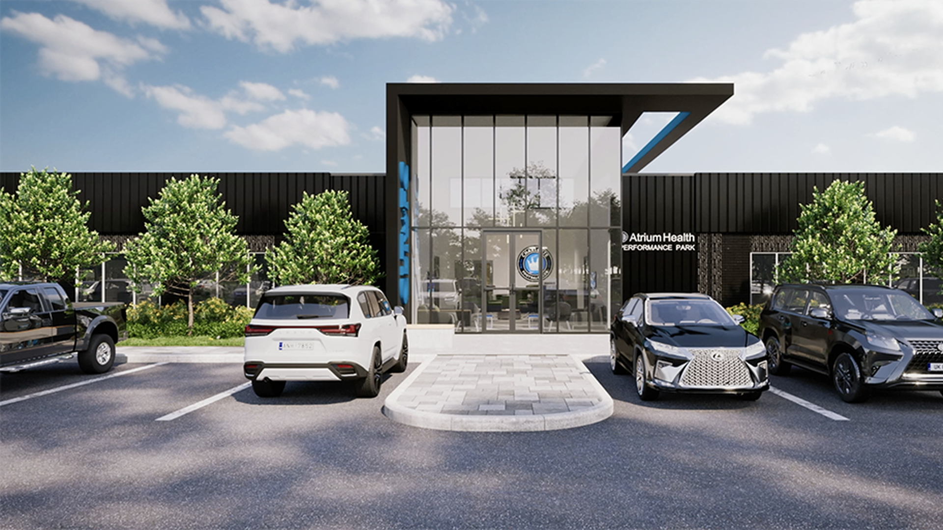 The main entrance at Charlotte FC's Atrium Health Performance Park.