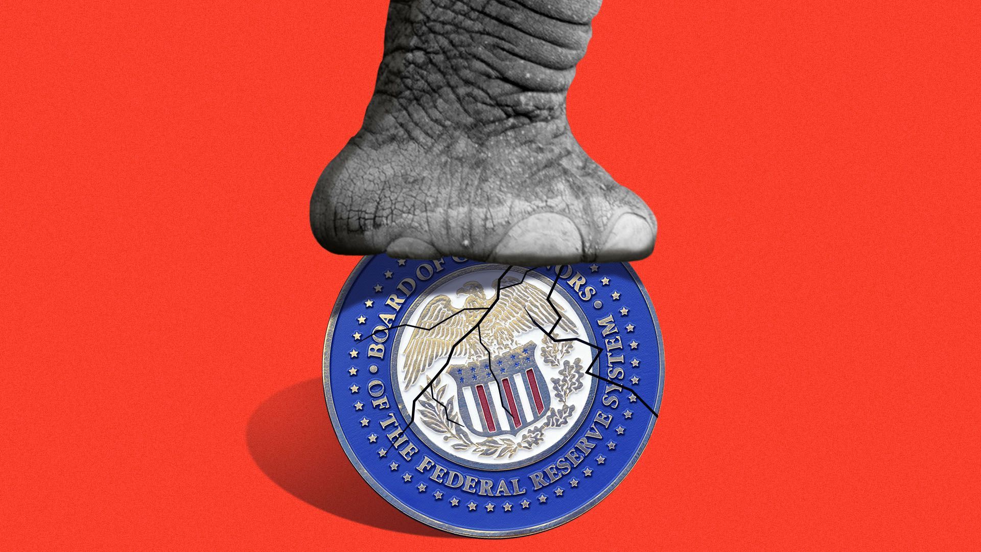 Illustration of an elephant's foot crushing the Federal Reserve seal.