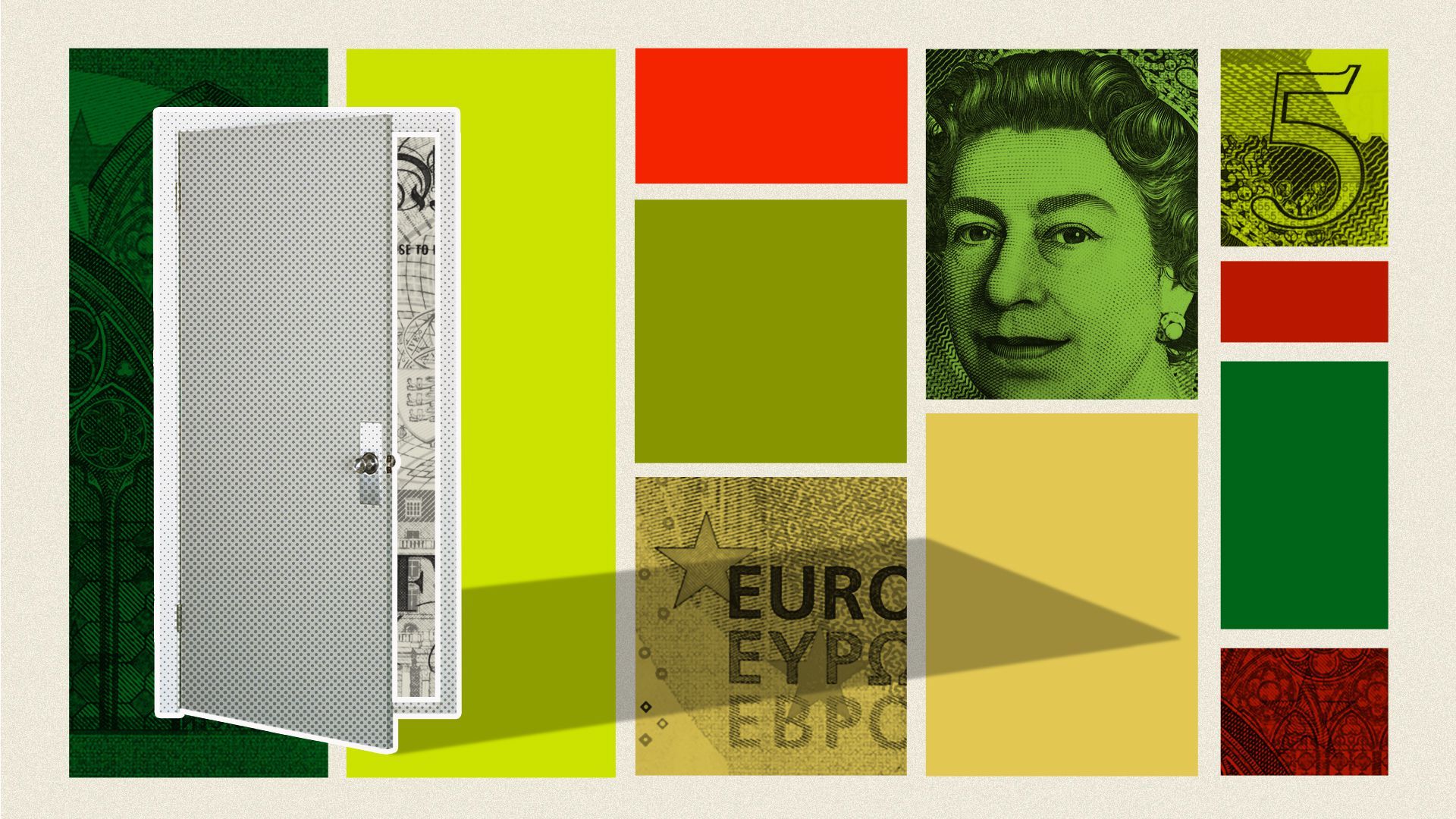 Illustrated collage of UK and European currency and an open door.