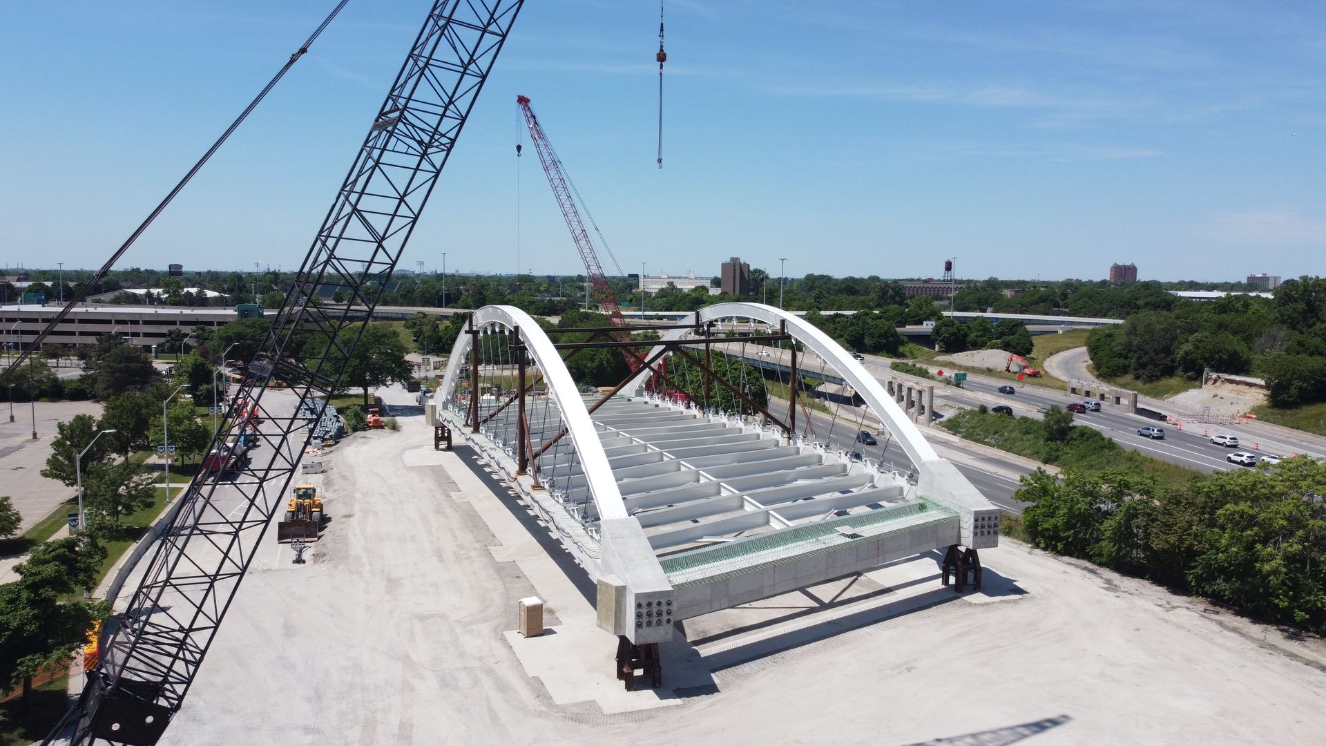 The bridge being built at a Wayne State parking lot to limit freeway impact to I-94. 