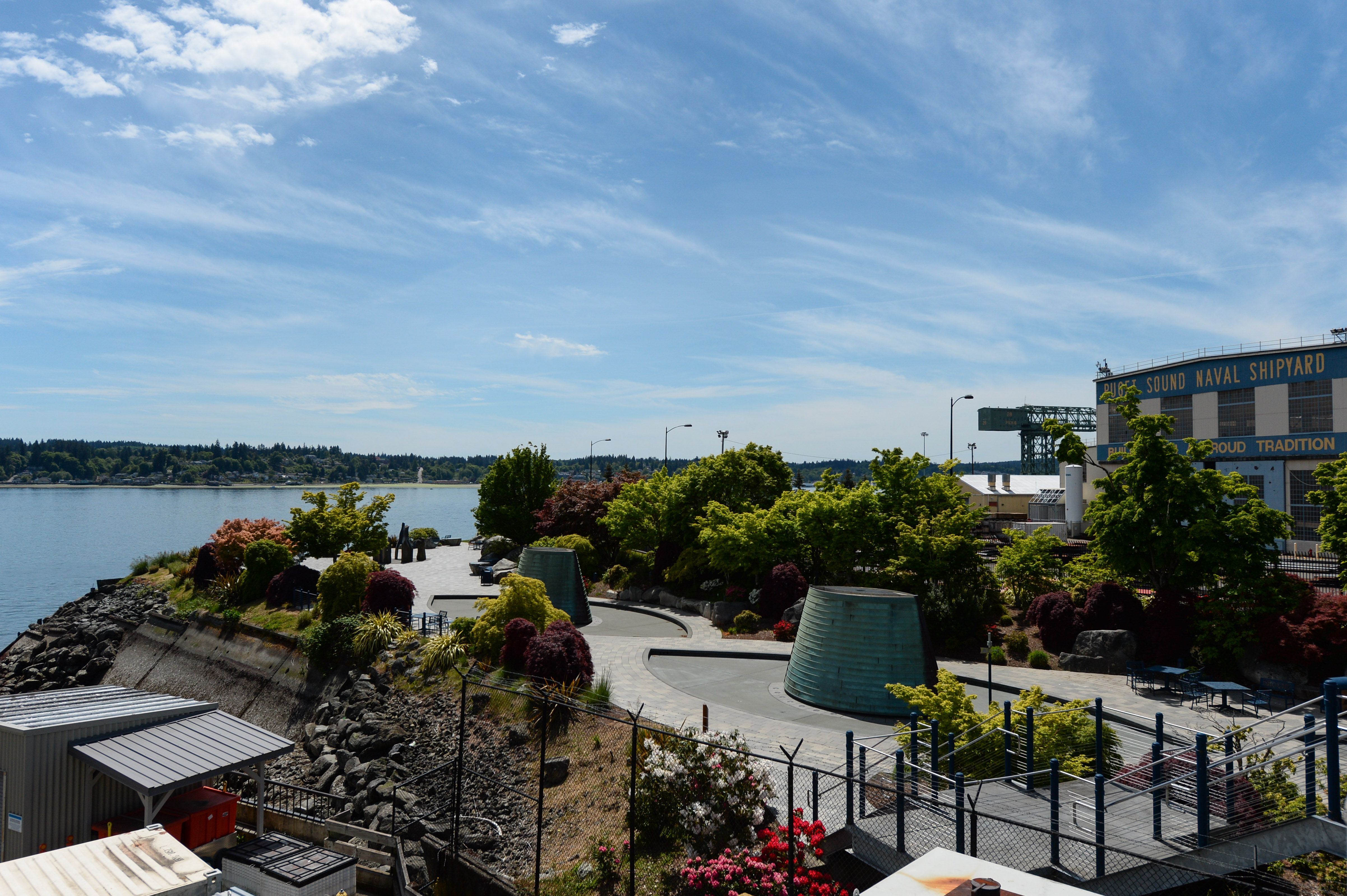 A landscaped waterfront park. 