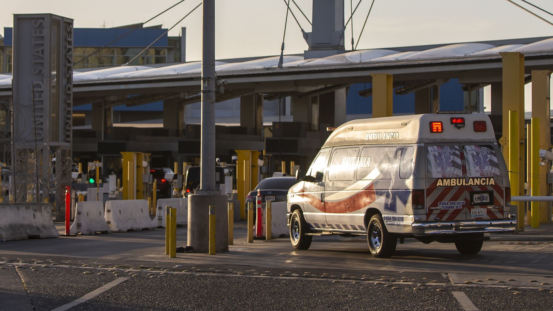 An ambulance crosses the San Ysidro sentry box border crossing on April 27, 2020 in Tijuana, Mexico.