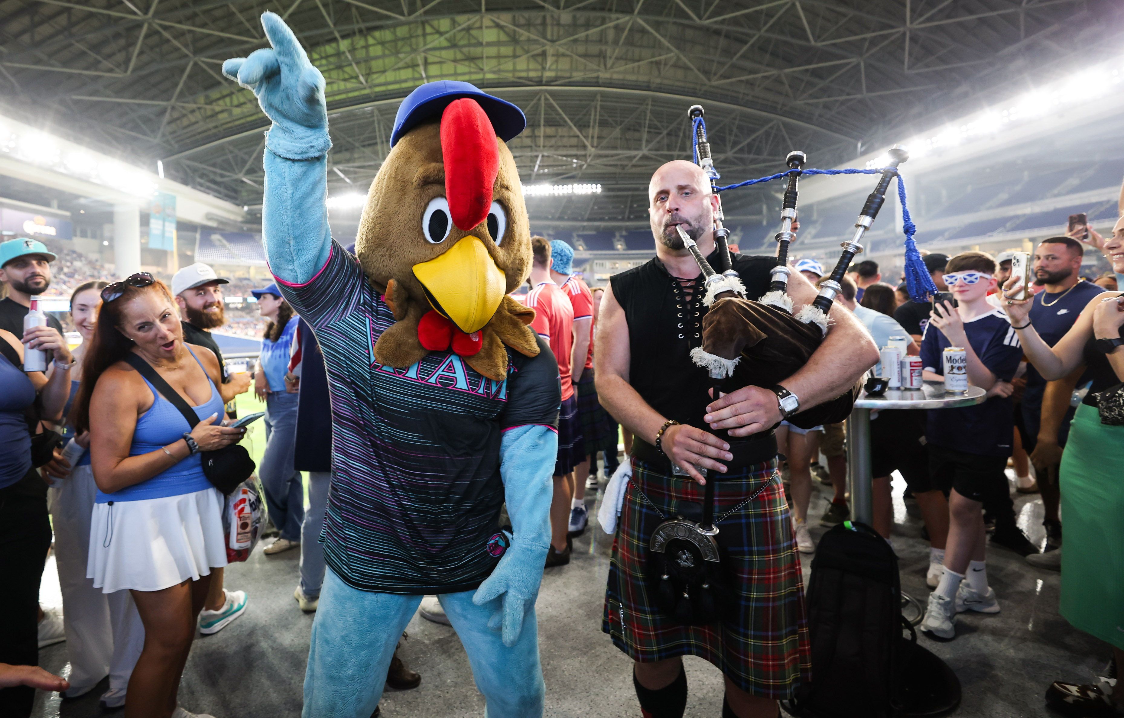 MIAMI, UNITED STATES - JUNE 22: A Scotland fan plays the bagpipes during a Major League Baseball match between Miami Marlins and Texas Rangers at LoanDepot Park, on June 22, 2026, in Miami, United States. (Photo by Craig Williamson/SNS Group via Getty Images)


