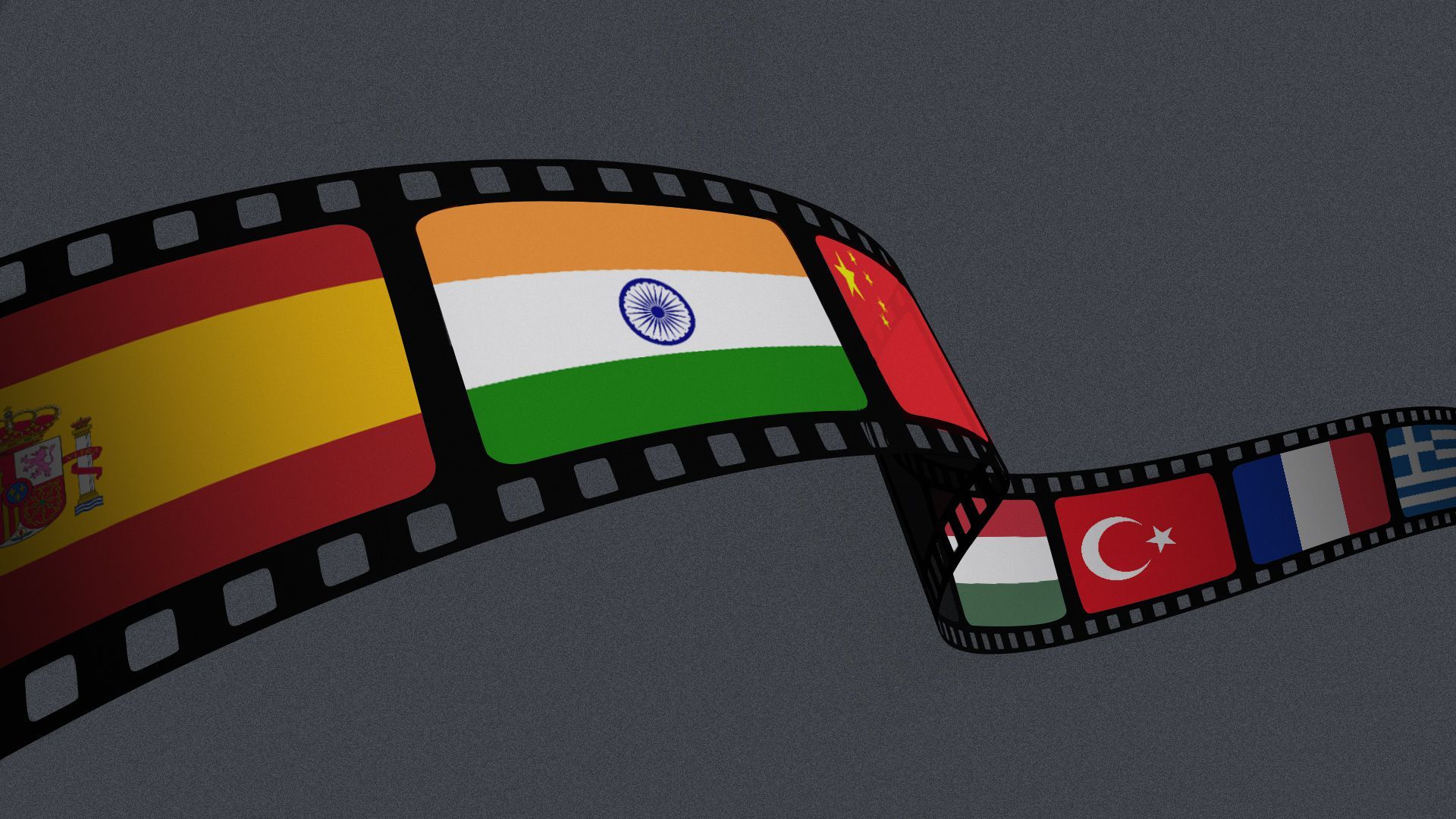 Illustration of a different flag of the world making up each frame of a film strip.