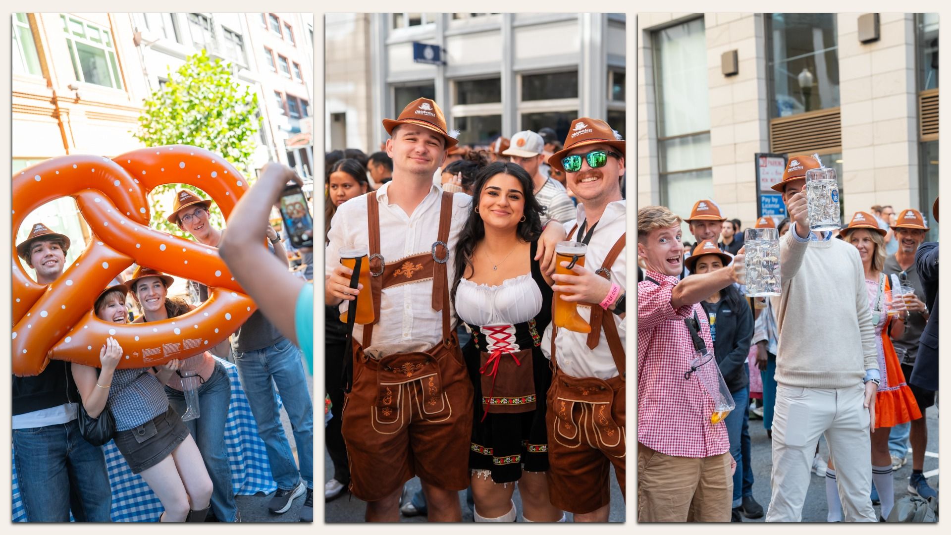 Triptych of a city street festival with revelers in lederhosen and dirndls. Left shows orange inflatable pretzels; center friends smile with beer; right crowd toasts mugs in brown Oktoberfest hats.