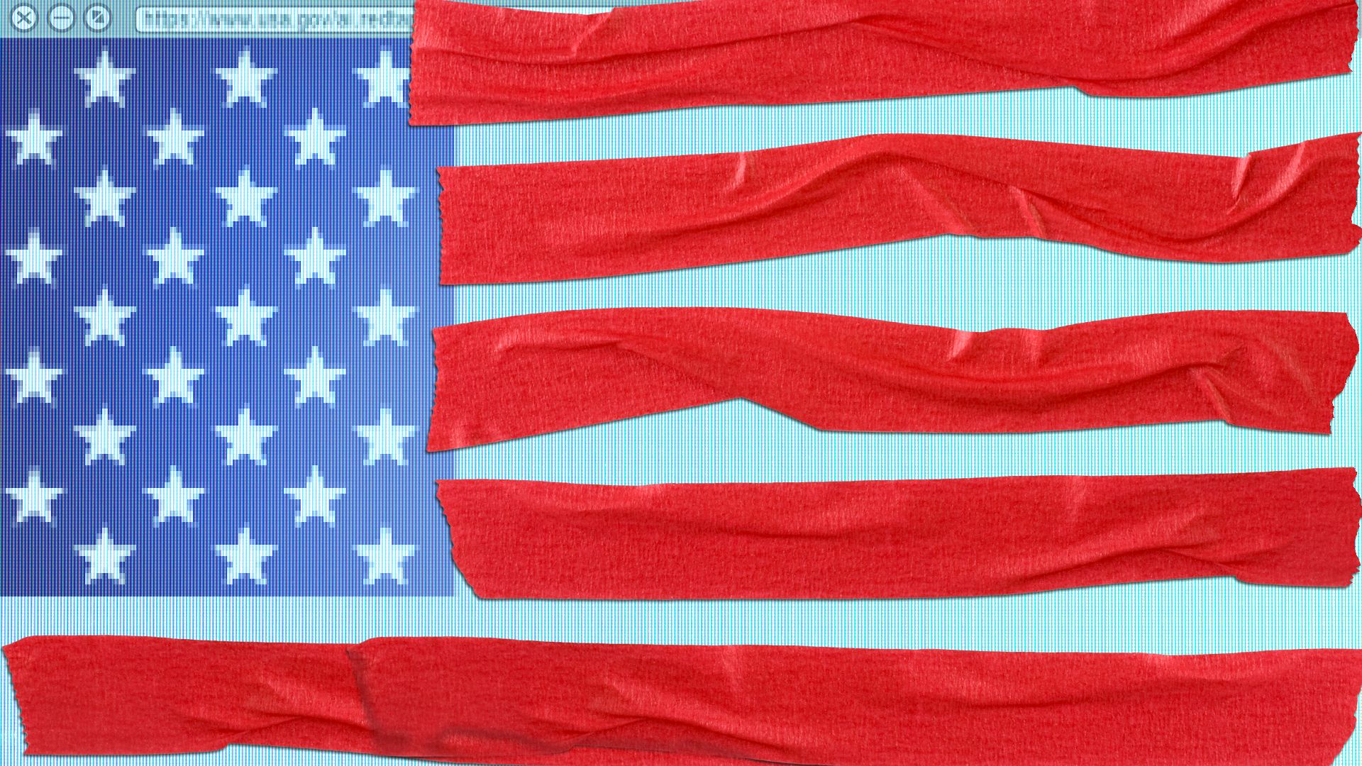 Illustration of a computer screen featuring an American flag with red tape making up the stripes and covering up parts of the screen