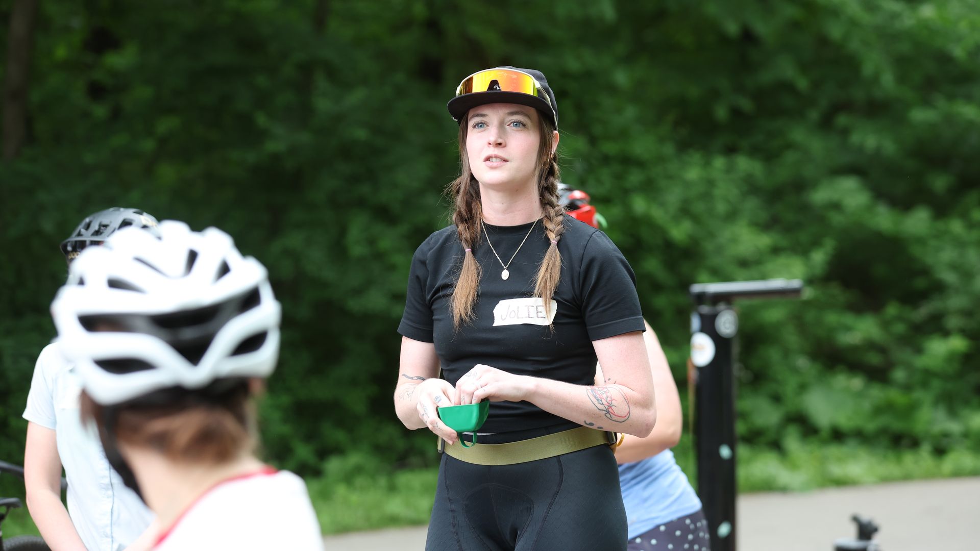 Jolie speaking to a group of women who want to mountain bike