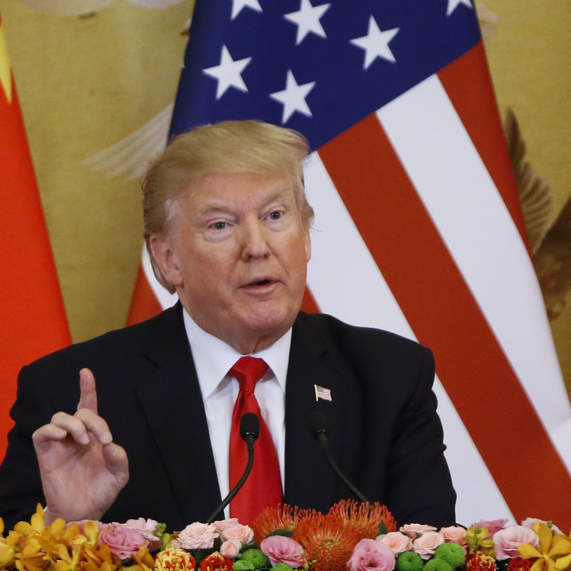 President Donald Trump and China's President Xi Jinping (not shown) make a joint statement at the Great Hall of the People on November 9, 2017 in Beijing, China.